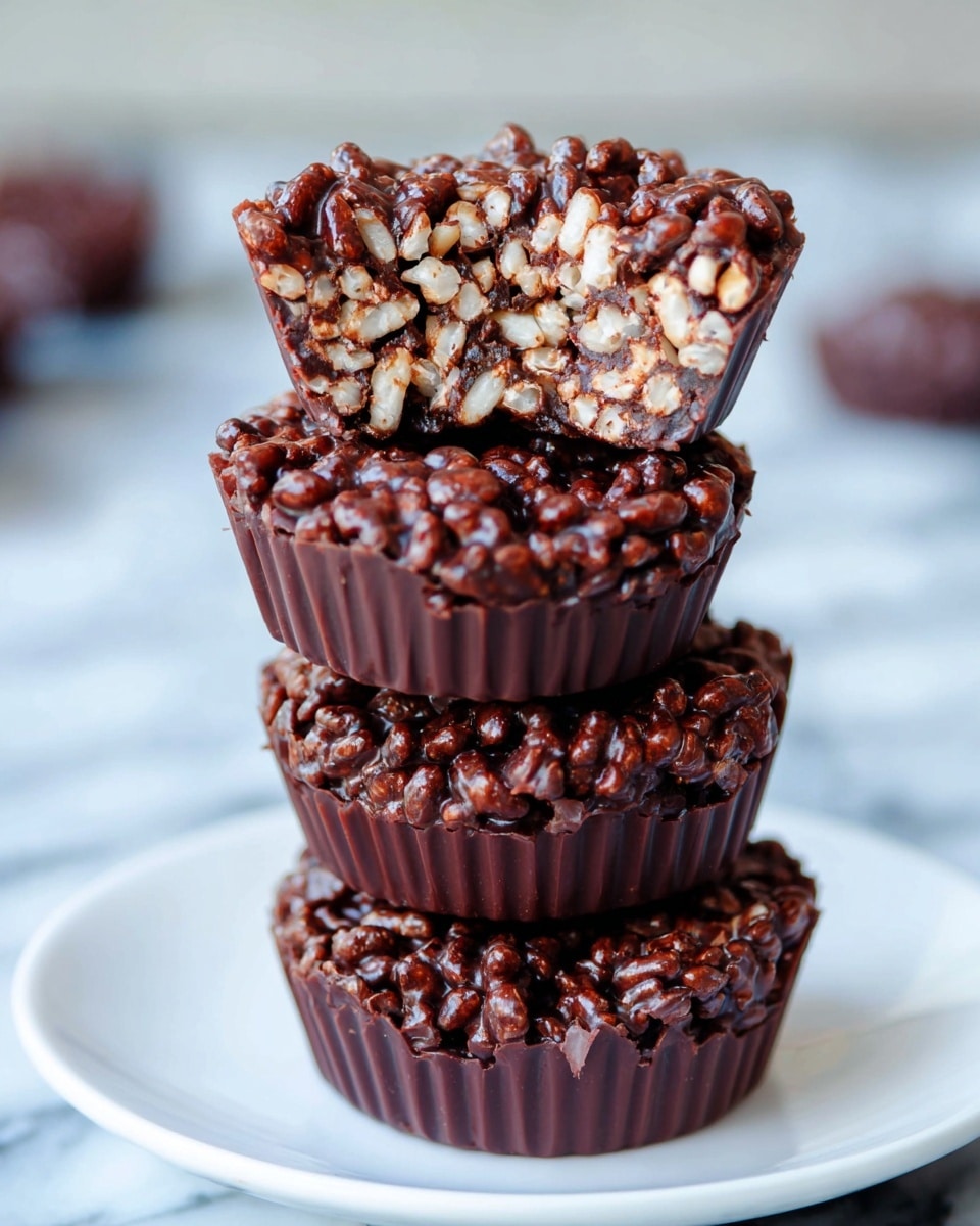 A stack of four dark chocolate crispy treats shaped like small cups, each with a ridged edge, sits on a white plate. The top cup is bitten, showing a textured inside with white puffed rice and small light tan nut pieces embedded in the chocolate. The crispy rice puffs are visible throughout the surface, creating a bumpy and crunchy look. The background is a soft blur with a white marbled surface beneath the plate. photo taken with an iphone --ar 4:5 --v 7
