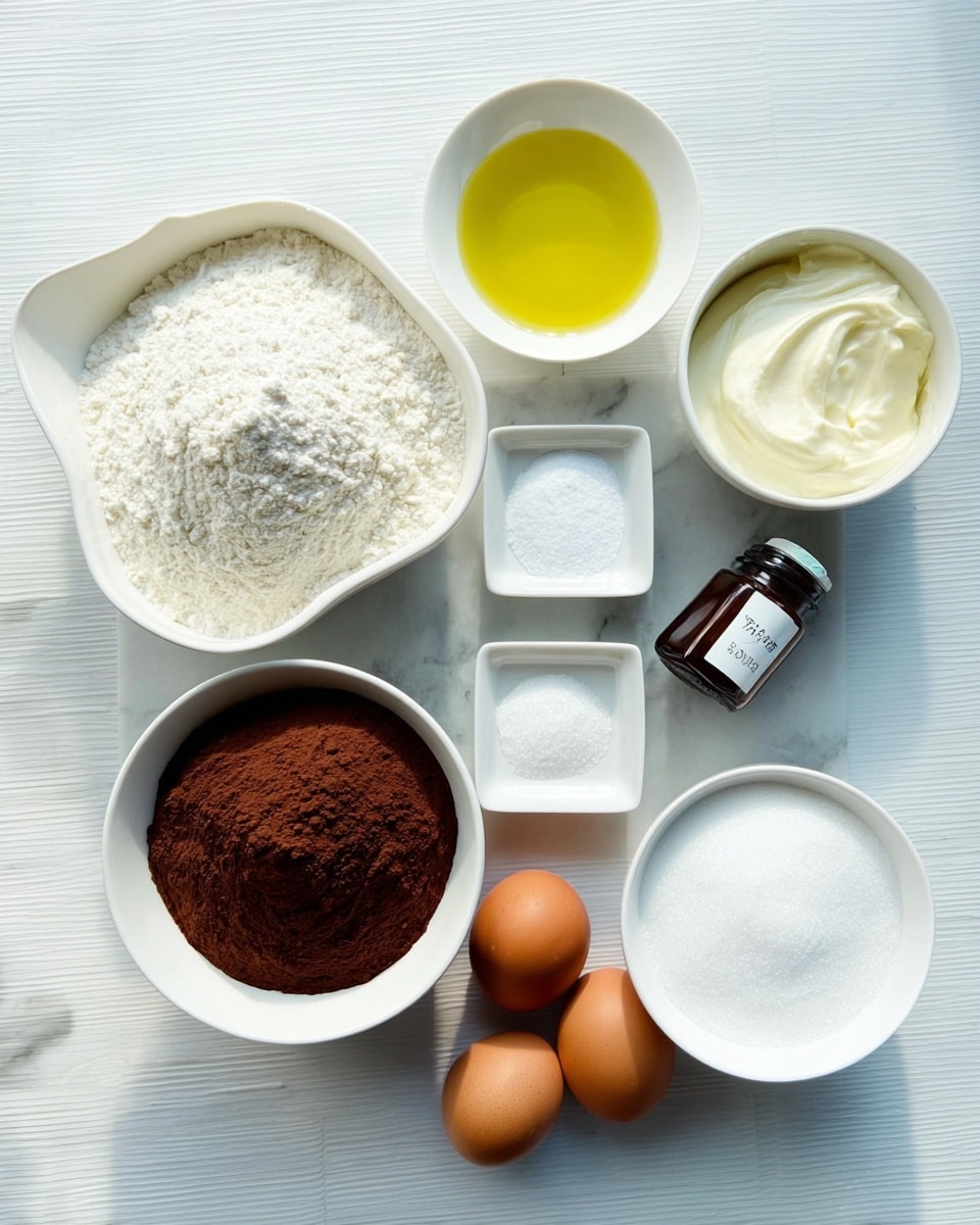 A white bowl filled with white flour is at the top left, next to a white curvy bowl holding yellow oil and a white bowl with white cream on the upper right. Below them are three small white square dishes, one with white powder, one with baking soda, and one with salt. Below the flour bowl, a round white bowl contains brown cocoa powder, beside which lie two light brown eggs and a small dark brown bottle labeled vanilla. In the center, a larger white bowl is filled with white sugar. Everything is placed on a white marbled surface. photo taken with an iphone --ar 4:5 --v 7