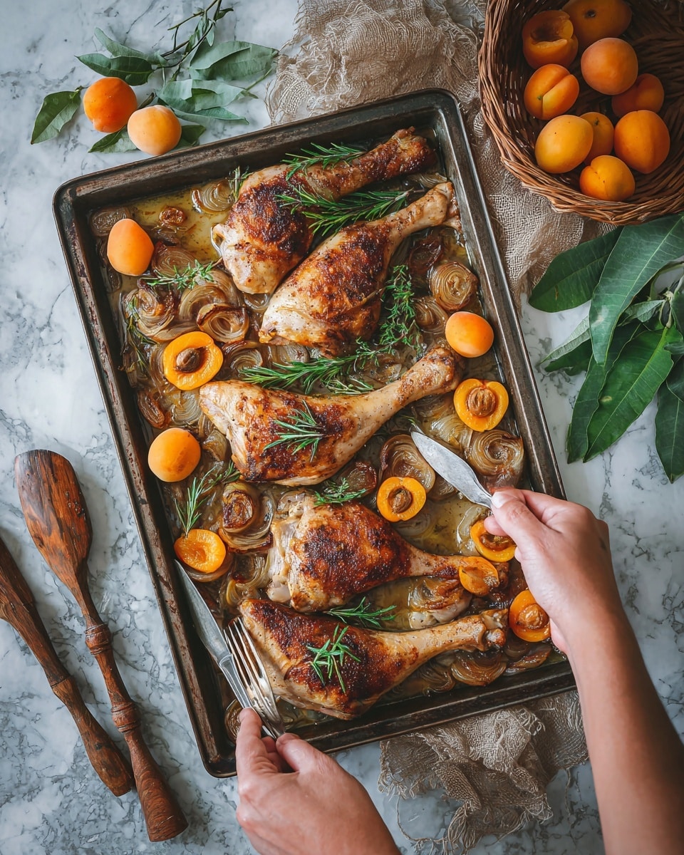 A metal baking tray filled with four cooked chicken legs, showing browned, crispy skin and garnished with green rosemary sprigs. The tray also contains orange apricots halved with their pits visible, and roasted shallots with a translucent, slightly charred texture, all mixed in a light cooking juice. Around the tray, there are wooden kitchen tools, a basket with whole apricots resting on crumpled brown paper, and green leaves lying on a white marbled textured surface. A pair of woman's hands is holding a fork and a knife, poised to eat. Photo taken with an iphone --ar 4:5 --v 7
