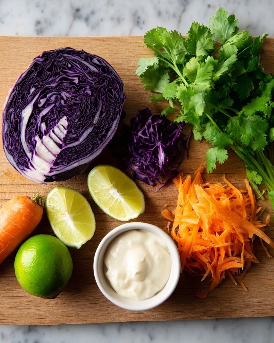 The image shows a wooden board with several fresh ingredients arranged neatly: on the left is a quarter of purple cabbage with some shredded pieces below it; next to the cabbage are three lime wedges and one whole lime; in the center is a whole orange carrot with a small pile of shredded carrot beneath it; to the right is a small white bowl filled with creamy white sauce; and fresh green cilantro leaves with stems spread out on the top right corner. The background is a white marbled texture photo taken with an iphone --ar 4:5 --v 7