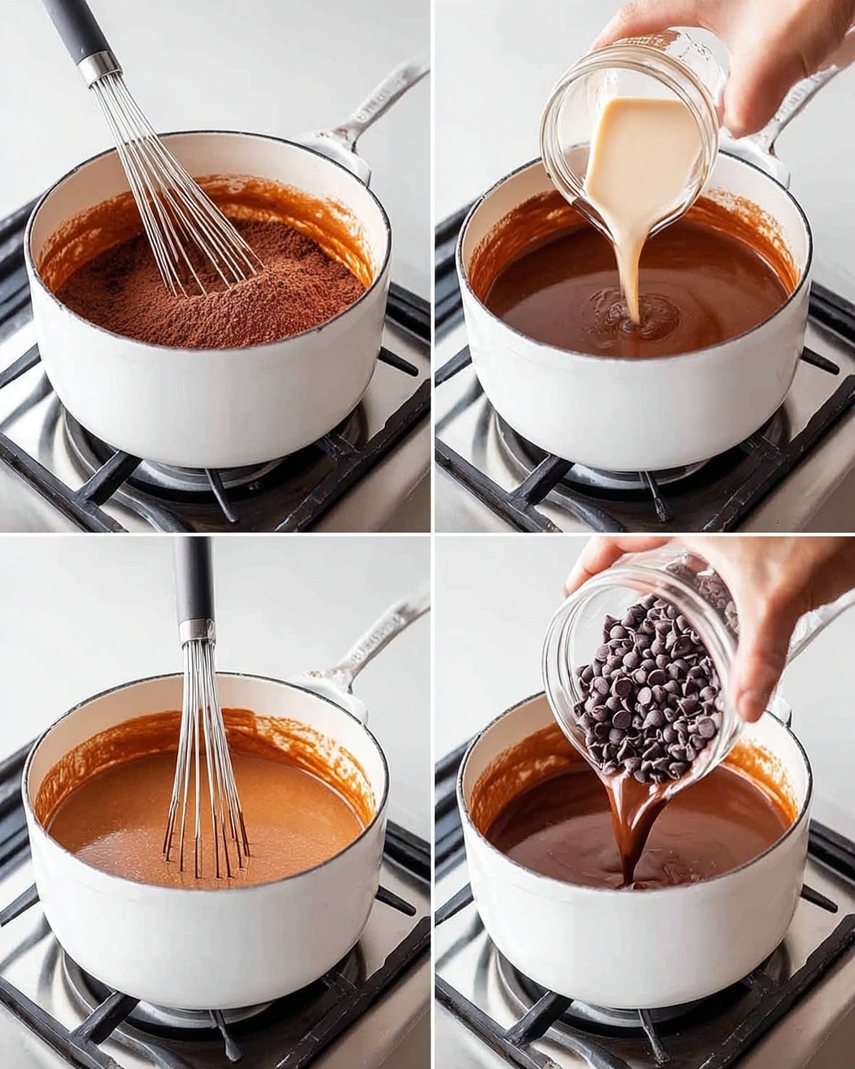 A white pot on a stove with a white marbled surface shows four steps of making chocolate sauce. In the first step, a woman's hand holds a black whisk mixing a pile of cocoa powder on top of a thick orange layer at the bottom of the pot. In the second step, the whisk stirs a smooth medium brown liquid coating the pot's inside. In the third step, a woman's hand pours a creamy light beige liquid from a glass jar into the pot containing the brown mixture while whisking. In the last step, a woman's hand pours dark brown chocolate chips into the brown sauce as the whisk stays in the pot. Photo taken with an iphone --ar 4:5 --v 7
