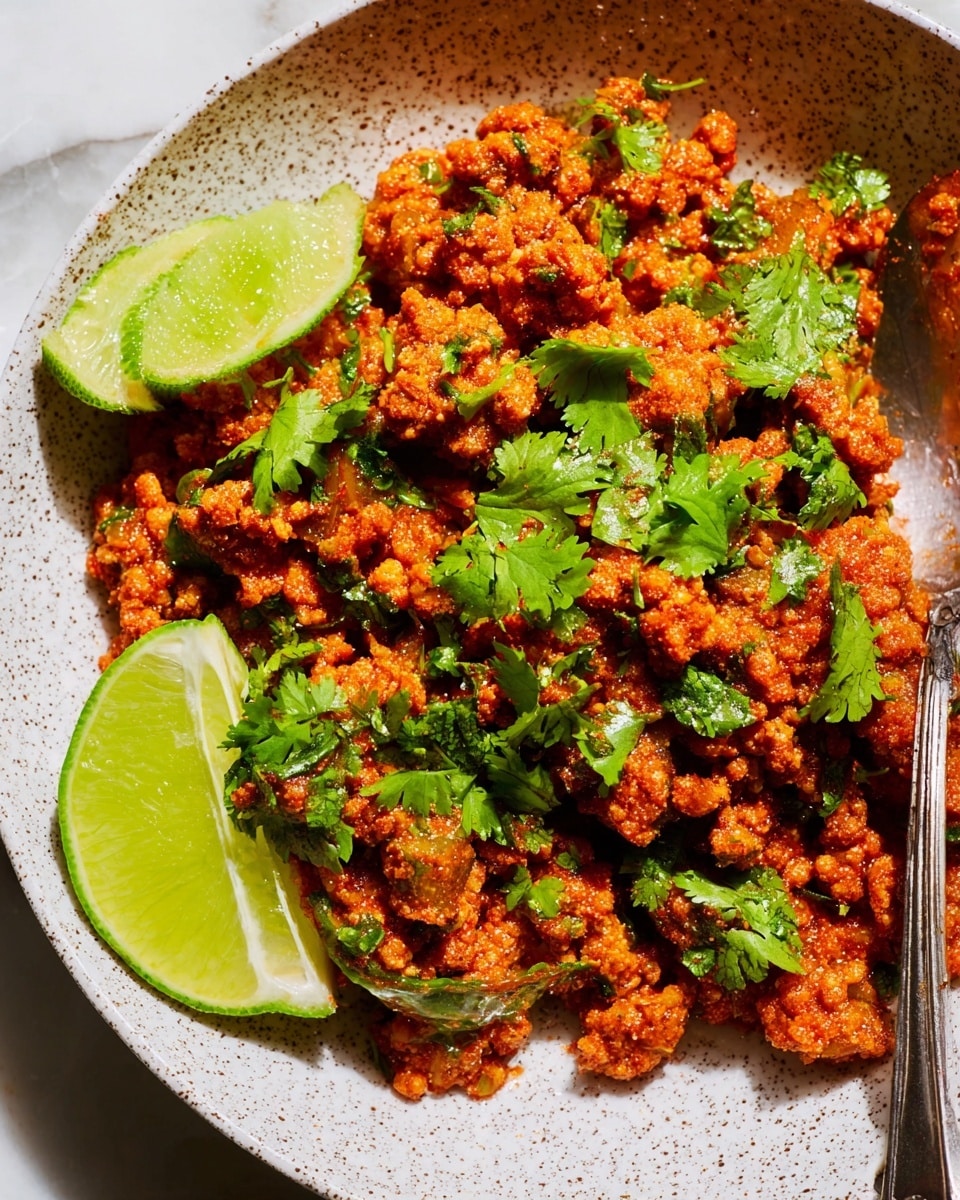 The image shows a close-up of a dish with several small, uneven pieces of reddish-orange cooked minced meat layered closely together on a white speckled plate. Bright green chopped cilantro is scattered over the meat, adding fresh color contrast. Two lime wedges, one on the left side and one on the bottom right, rest on top of the meat, giving a fresh and juicy look. A silver spoon is partially visible at the upper right edge of the plate, reflecting light softly. The whole plate sits on a white marbled surface. photo taken with an iphone --ar 4:5 --v 7