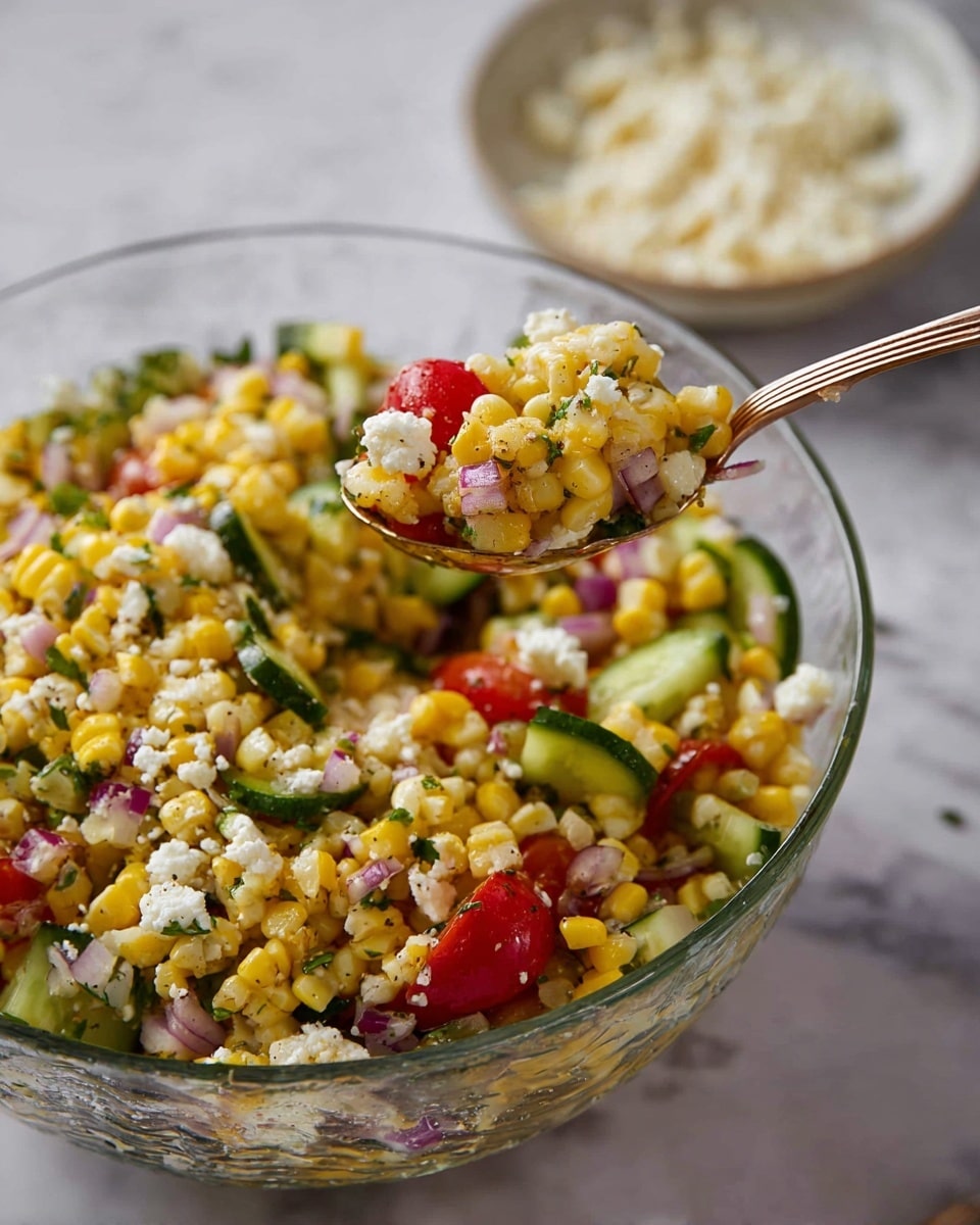 A glass bowl filled with a colorful salad, showing three main layers: bright yellow corn kernels mixed with small green chopped herbs, red cherry tomato halves, and light green cucumber slices with darker green skin, all evenly distributed; small white crumbly cheese pieces and finely chopped red onion bits scattered throughout add texture and color contrast, with a spoon lifting a portion of the salad, highlighting the mix of all ingredients. In the background, there is a small white bowl filled with more of the crumbly white cheese, all set on a white marbled surface. Photo taken with an iphone --ar 4:5 --v 7