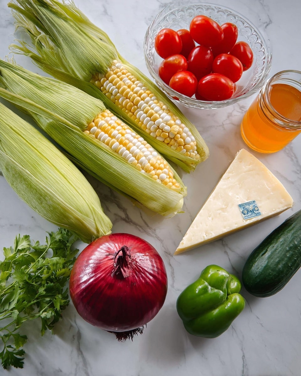 The image shows fresh vegetables and cheese arranged on a white marbled surface. There are four ears of corn with green husks, one partially peeled showing yellow and white kernels, placed diagonally near the center. In front of the corn is a large, shiny red onion. Next to the onion, on the right, is a triangular wedge of pale yellow cheese with a blue label. Above the onion, there is a clear glass bowl filled with small red grape tomatoes. Behind the bowl, a small glass with orange liquid holds fresh green cilantro leaves. A long, dark green cucumber lies horizontally at the bottom left, and a green bell pepper sits at the bottom right corner. The colors are fresh and bright, set against the clean white marbled background. photo taken with an iphone --ar 4:5 --v 7