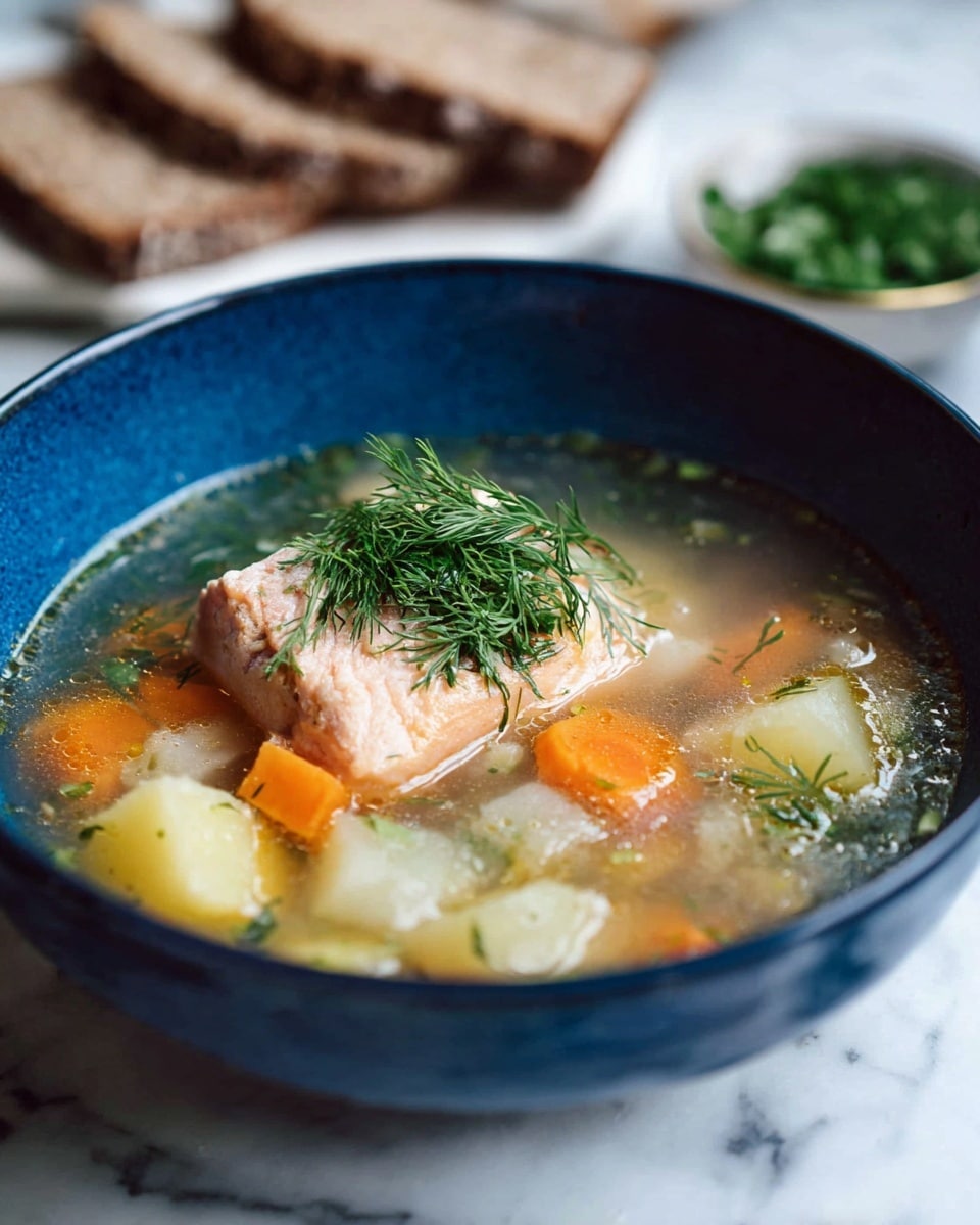 A deep blue bowl filled with clear broth soup containing several layers: at the bottom, chunks of white potatoes and orange carrot slices, floating in the light, slightly oily broth. In the middle, a large piece of pale salmon sits, topped with a small bunch of fresh green dill sprigs. In the background, slices of brown bread lie on a white marbled surface next to a small bowl with fresh green herbs. The photo taken with an iphone --ar 4:5 --v 7