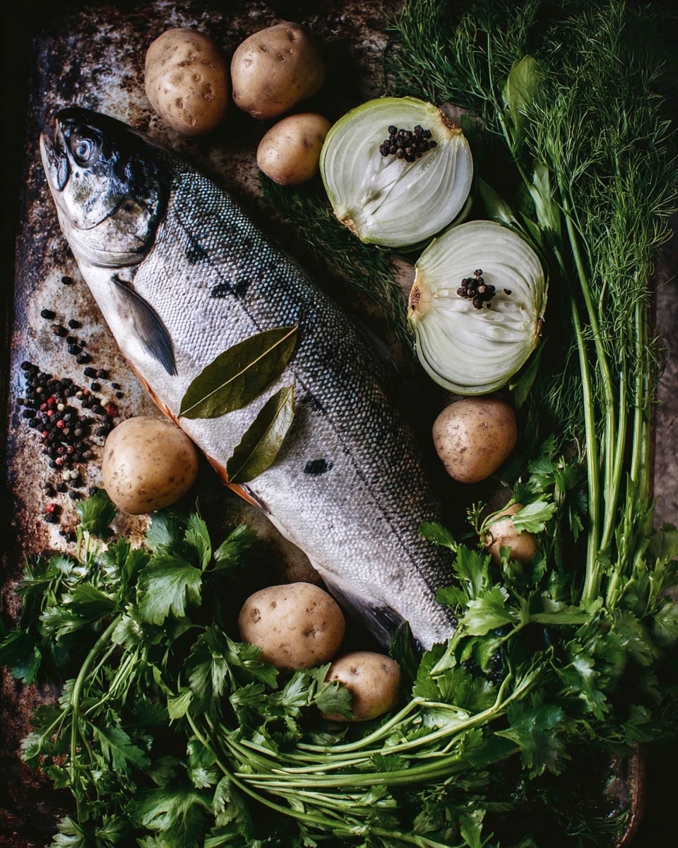 A fresh fish head with shiny silver and black scales is placed on the left side, surrounded by whole light brown potatoes. Four large onion halves with white layers and dark bay leaves in the center are scattered above and below the potatoes, some topped with dark peppercorns. Bright green fresh herbs, including long stalks of dill, parsley, and cilantro, fill the right and upper parts, adding texture and color contrast. The whole arrangement sits on a dark, rustic surface with a textured look. Photo taken with an iphone --ar 4:5 --v 7
