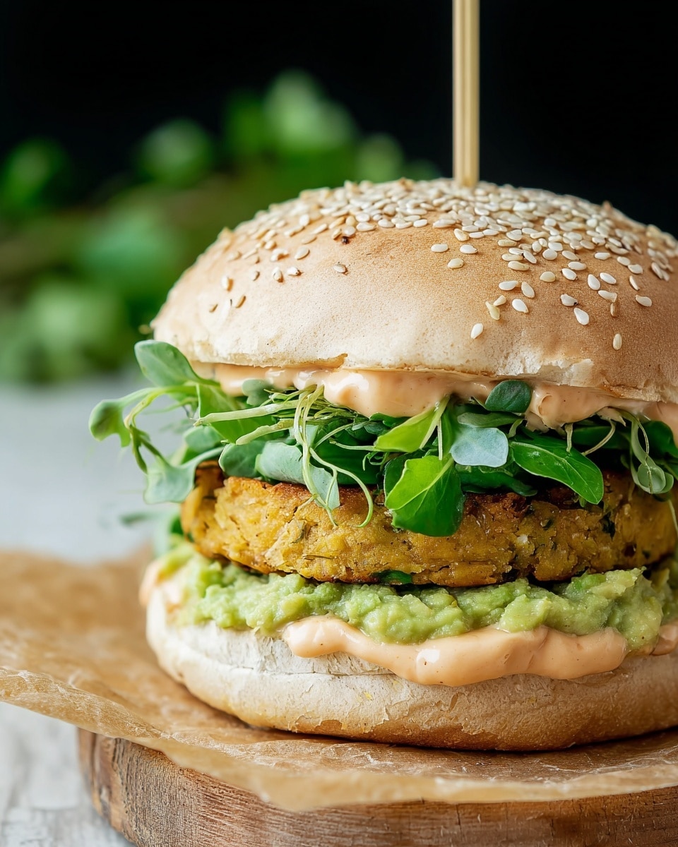 A close-up view of a sandwich with five visible layers, placed on light brown parchment paper on a wooden surface. The bottom layer is a soft, lightly toasted bun with a pale color. On top of that, there is a fresh, bright green leafy layer with a slightly curly texture. Above the greens, there is a thick, golden-brown patty with a slightly crispy surface. Next is a chunky, pale green spread that looks creamy and textured. The top layer is a light tan sesame seed bun covered with many white sesame seeds and a dollop of light peach sauce peeking out below it. A toothpick sticks vertically through the center of the sandwich. The background features blurred green leaves and a black negative space behind. The whole image is on a white marbled surface. photo taken with an iphone --ar 4:5 --v 7