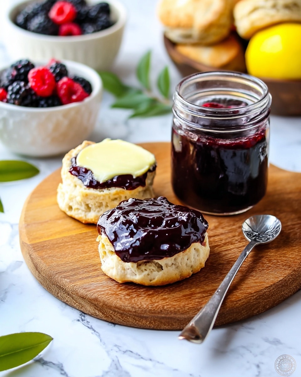 The image shows two scone halves placed on a wooden board, each topped with a smooth layer of pale yellow butter and a thick layer of shiny, dark purple jam. To the right of the scones, there is a small glass jar filled with the same dark purple jam and a small silver spoon resting on the wooden board beside it. In the background, there is a bowl with some baked scones and another white bowl filled with mixed berries like blackberries and raspberries. The whole scene is set on a white marbled surface with some green leaves and a lemon on the side. Photo taken with an iphone --ar 4:5 --v 7