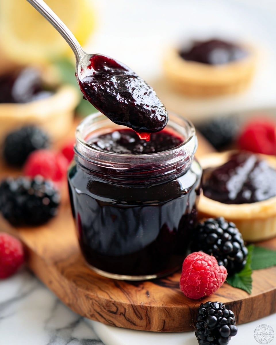 A glass jar filled with dark purple blackberry jam sits on a wooden board with a white marbled background. A silver spoon holds a scoop of thick, glossy jam above the jar. Around the jar, fresh blackberries and raspberries are scattered. In the blurry background, small tarts topped with the same shiny jam are partially visible. The scene is bright and fresh, showing rich purple and red tones against natural wood and white marbled surfaces. Photo taken with an iphone --ar 4:5 --v 7