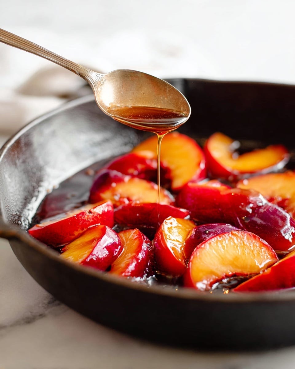 A black skillet filled with several slices of cooked peach showing bright orange and deep red tones, soaked in a shiny, syrupy brown sauce. A vintage silver spoon held above the skillet drips the warm sauce onto the peach slices, adding a glossy layer. The skillet is placed on a white marbled surface, creating a clean and bright background that contrasts with the rich colors of the peaches and sauce. Photo taken with an iphone --ar 4:5 --v 7