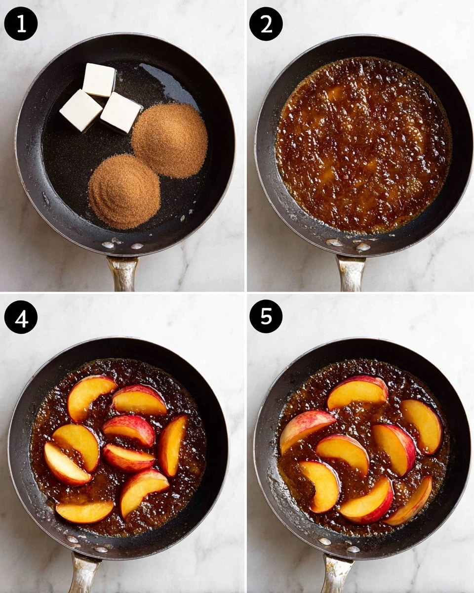 A black pan is shown in four steps on a white marbled surface. Step 1 shows brown sugar in a round shape, three small white cubes of butter, a small pile of cinnamon powder, and a small amount of dark liquid placed separately at the center of the pan. In step 2, the brown sugar, butter, cinnamon, and liquid have melted and mixed into a thick, bubbly, dark brown syrup covering the bottom of the pan. Step 3 shows the syrup with slices of peach arranged on top, their skin a deep red and flesh glowing yellow-orange. In step 4, the syrup is bubbling more vigorously, with the peach slices partially submerged and slightly glossy, showing a rich caramelized color photo taken with an iphone --ar 4:5 --v 7