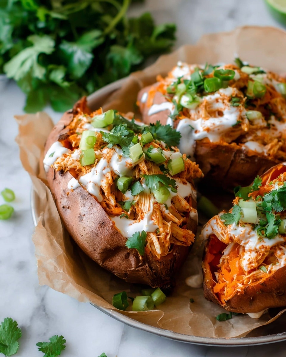 The image shows two sweet potatoes split open on brown parchment paper inside a silver round tray. Each sweet potato has three main layers: the orange soft flesh as the base, topped with shredded seasoned chicken mixed with a light orange sauce, then drizzled with white creamy sauce. Green chopped scallions and fresh bright green cilantro leaves are placed on top and around the chicken for extra color and freshness. The potatoes are placed on a white marbled surface with more cilantro in the background. Photo taken with an iphone --ar 4:5 --v 7