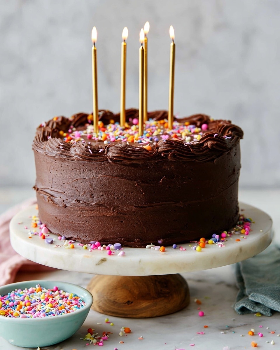 A two-layer round chocolate cake covered with smooth, thick dark brown chocolate frosting. The frosting on the sides is spread evenly with some textured swirls. On top, there are five lit gold candles standing upright, spaced evenly. Colorful round sprinkles in pink, yellow, orange, blue, purple, and white are scattered on top and around the base of the cake. The cake is placed on a white marble cake stand with a wooden base, set on a white marbled surface. Nearby is a small light blue bowl filled with more colorful sprinkles. Photo taken with an iphone --ar 4:5 --v 7