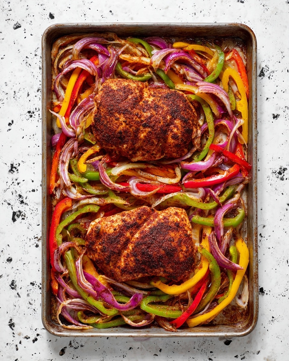 A metal baking tray filled with two large pieces of cooked chicken, each coated with a dark reddish spice layer, positioned in the center. Surrounding the chicken are many thinly sliced strips of bell peppers in yellow, red, and green colors, along with thin slices of purple onions; these vegetables have a slightly roasted texture. The tray rests on a white marbled surface with small splatters of black and gray. photo taken with an iphone --ar 4:5 --v 7