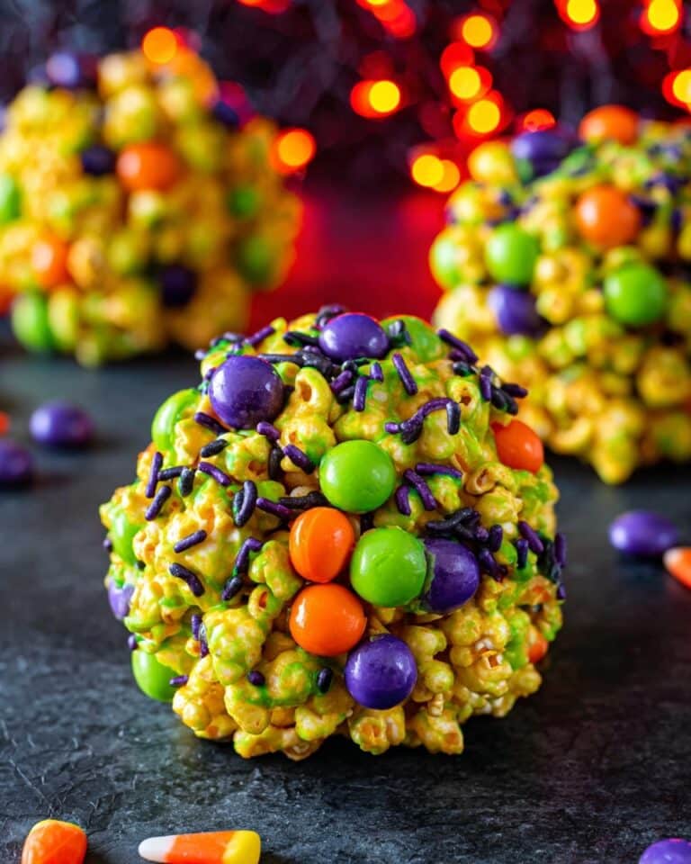 Halloween Neon Green Popcorn Balls with M&M’s and Sprinkles Recipe