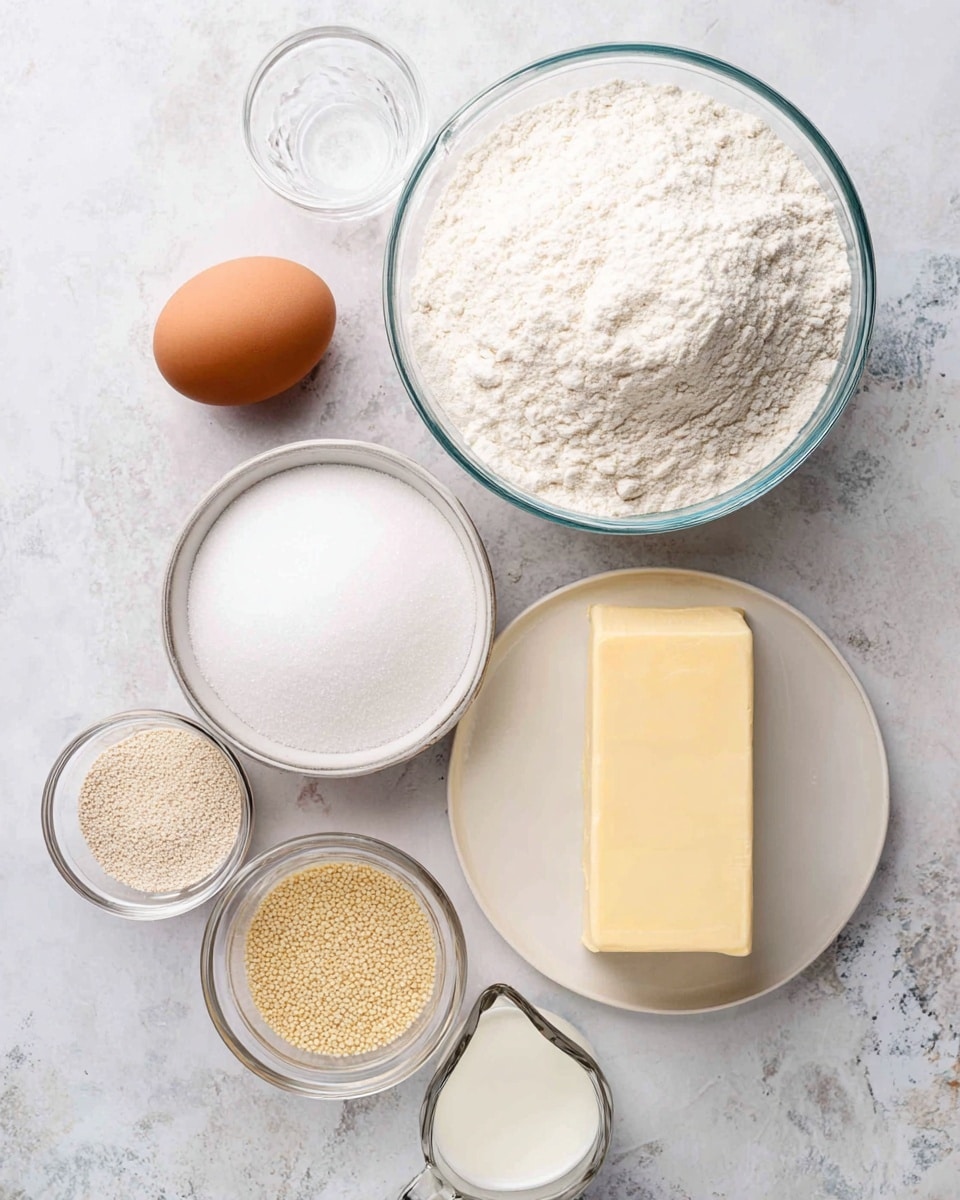A top view of baking ingredients placed on a white marbled surface: a large clear glass bowl filled with white flour sits at the top center, a white bowl filled with granulated sugar to the left, a smooth brown egg below the sugar, a small clear round bowl of salt below the egg, and a small clear bowl filled with tiny beige yeast granules at the bottom. Towards the right, a small white measuring cup with milk is placed near the bottom, a small clear jug with water above the milk, and a large block of pale yellow butter rests on a white plate to the far right. photo taken with an iphone --ar 4:5 --v 7