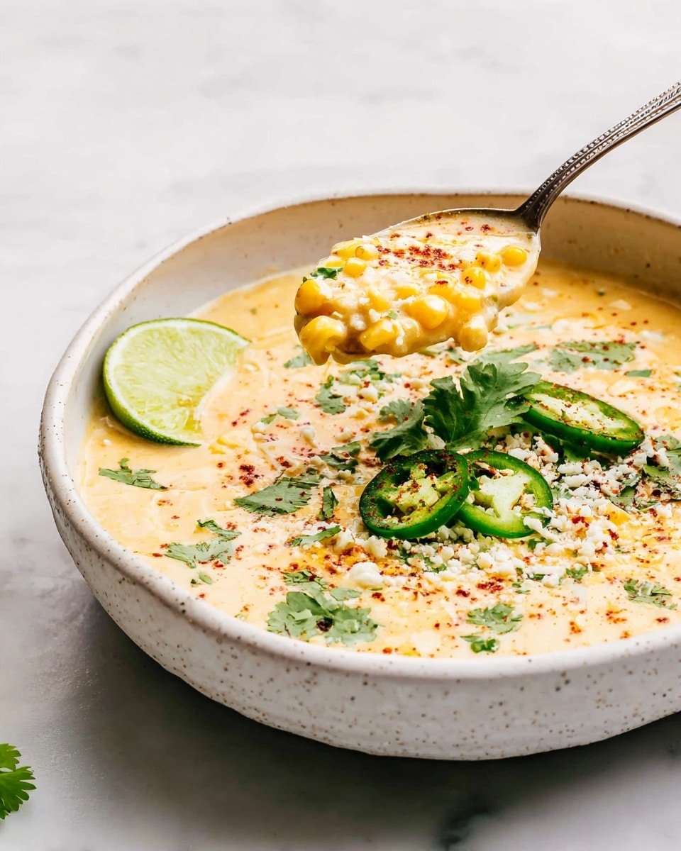A deep white speckled bowl holds creamy yellow soup with visible corn kernels, topped with bright green cilantro leaves, sliced green jalapeño, and a lime wedge resting on the left side. The soup surface is lightly dusted with red chili powder and white crumbled cheese. A silver spoon holds a scoop of the thick soup above the bowl, showing more corn and a rich, creamy texture. All is set on a white marbled surface. Photo taken with an iphone --ar 4:5 --v 7