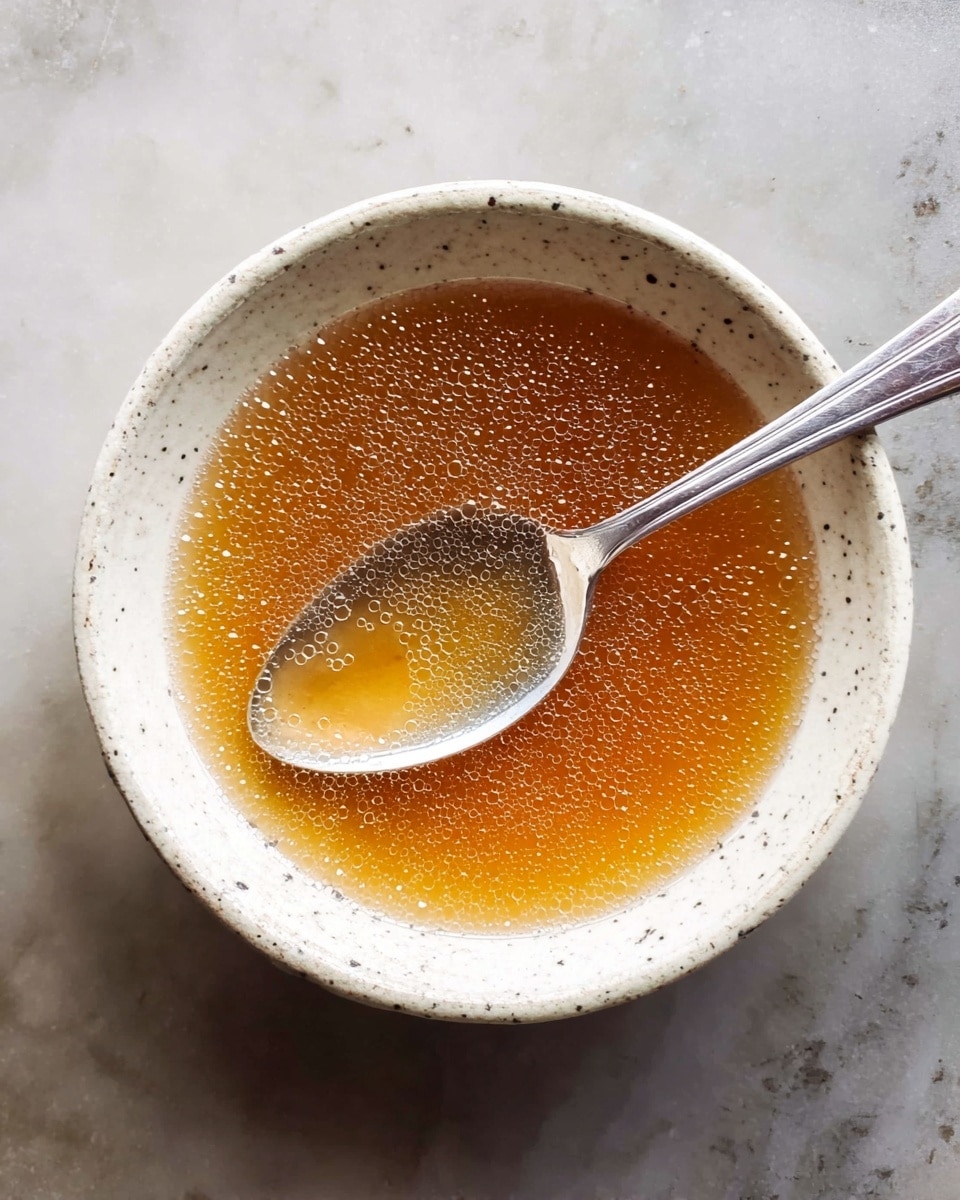 A speckled white bowl holds a clear, amber-colored broth with tiny bubbles floating on the surface. Inside the bowl, a silver spoon rests, partially submerged in the broth, its shiny surface reflecting light. The bowl sits on a white marbled surface, contrasting with the warm color of the liquid inside. The photo taken with an iphone --ar 4:5 --v 7