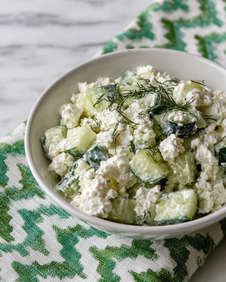 A close-up view of a white bowl filled with a creamy salad made of small white cottage cheese curds mixed with light green cucumber pieces, sprinkled with thin, dark green dill on top, sitting on a green and white zig-zag patterned cloth that lies on a white marbled surface photo taken with an iphone --ar 4:5 --v 7