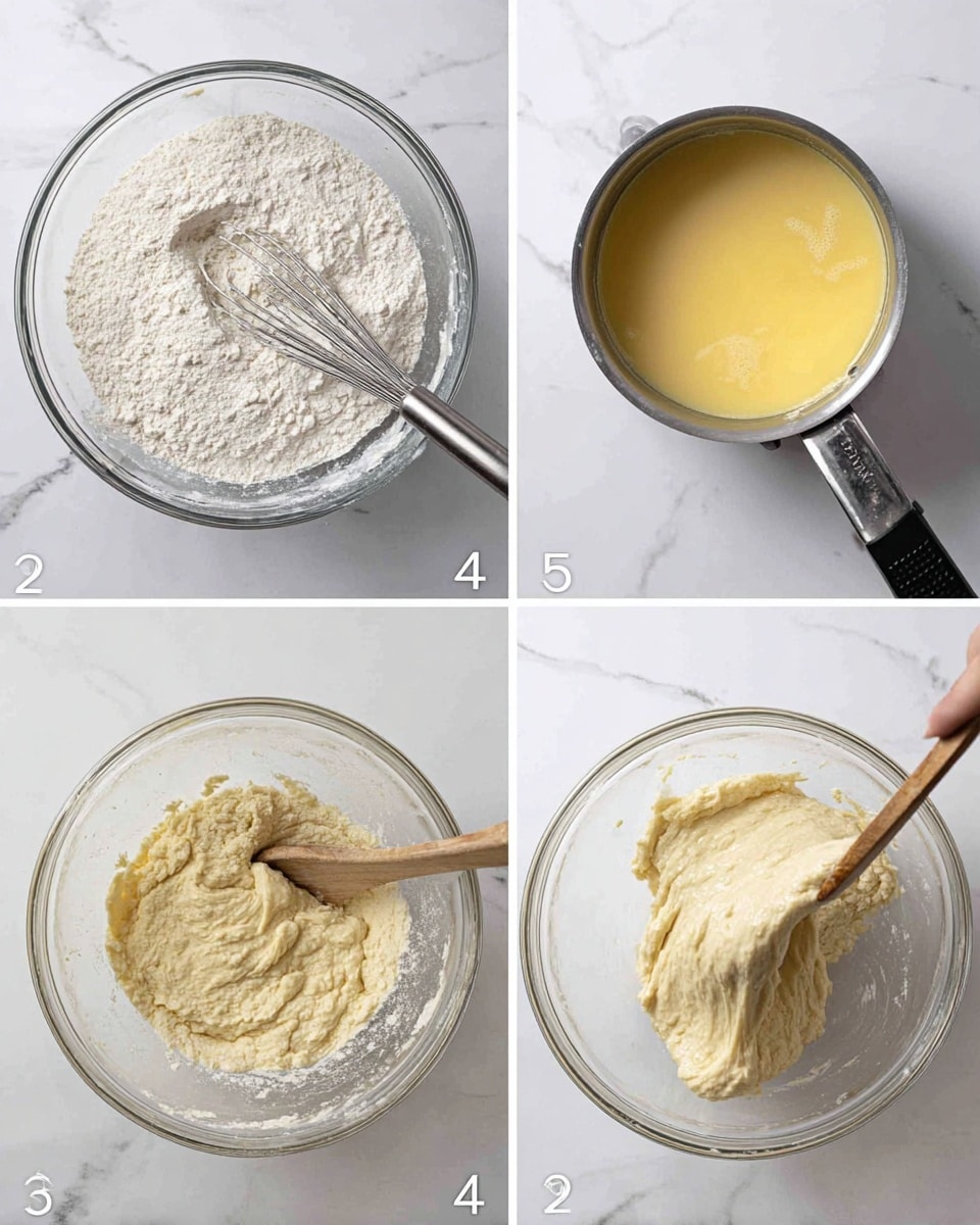 The image shows four steps of dough preparation on a white marbled surface. The first step has a clear glass bowl filled with white flour being mixed with a metal whisk. The second step shows a silver saucepan with a black handle containing a smooth, yellow liquid mixture. The third step shows a thicker dough mixture with a rough texture in a clear glass bowl, being stirred with a wooden spoon. The fourth step shows a clear glass bowl with a sticky, stretchy dough being lifted up, showing its elasticity and rough texture. photo taken with an iphone --ar 4:5 --v 7