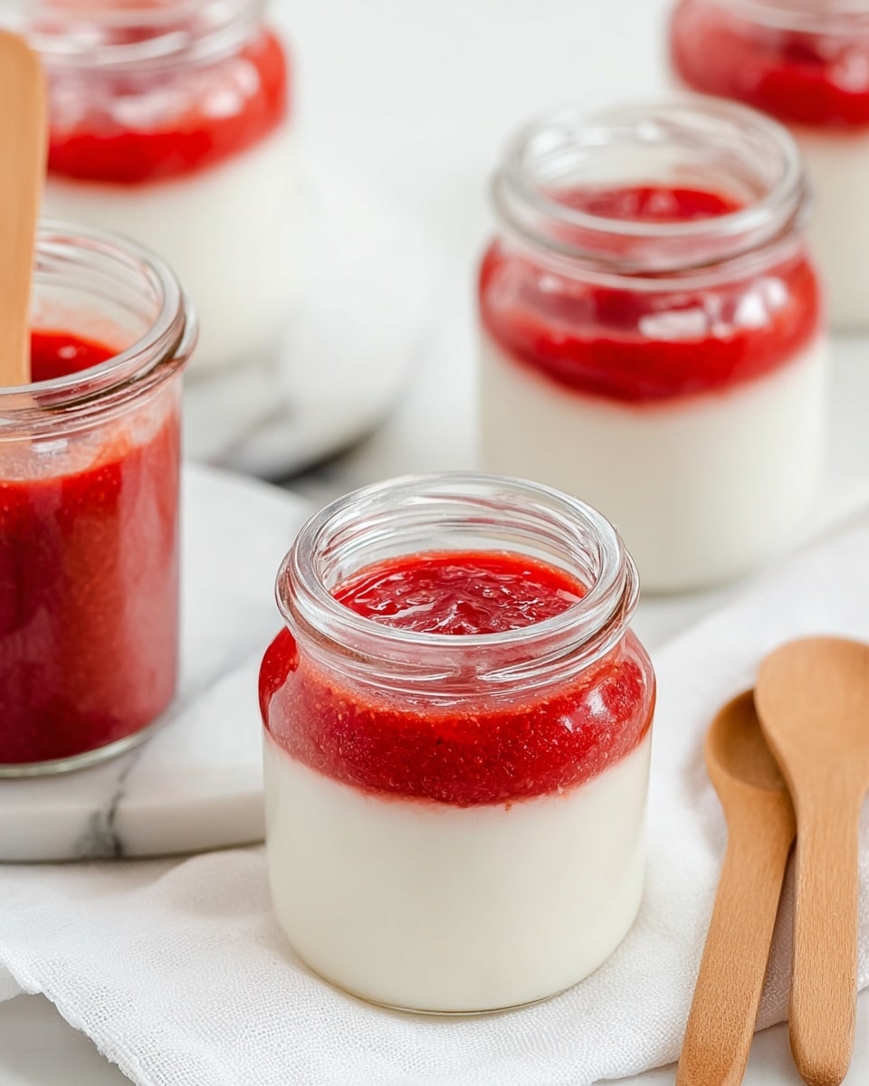 The image shows small clear glass jars filled with two layers: the bottom layer is a smooth, creamy white substance, and the top layer is a vibrant red strawberry sauce spread evenly. One jar is in focus in the front, showing a glossy, slightly textured strawberry sauce on top. Three more jars in the background show the same two layers but are out of focus. To the left, there is a clear glass jar of strawberry sauce with a wooden spoon inside it, and on the right side at the bottom, there are two small light brown wooden spoons resting on a white marbled surface with a white cloth underneath the jars. photo taken with an iphone --ar 4:5 --v 7