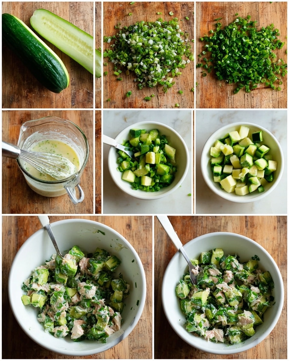 The image shows a nine-step process, starting with a peeled cucumber with green skin stripes lying horizontally on a wooden surface, followed by the cucumber chopped into small, uneven cubes. Next to it are two piles of chopped green onions and chopped green herbs on the same wooden surface. In the fourth frame, a clear glass measuring cup contains a light creamy dressing with a small whisk inside. The fifth frame shows a white bowl with roughly cut avocado cubes inside, and a white spoon stirring them. In the sixth frame, the white bowl contains the mixture of avocado cubes and green herbs with the white spoon resting inside. The next three frames show the addition of chopped cucumber, green onions, and chunks of pink fish mixed into the same bowl, all mixed with the spoon. The final image shows the mixture served on a white plate placed on a white marbled surface, displaying a textured salad with green cubes, herbs, and pink fish, all mixed well together. photo taken with an iphone --ar 4:5 --v 7