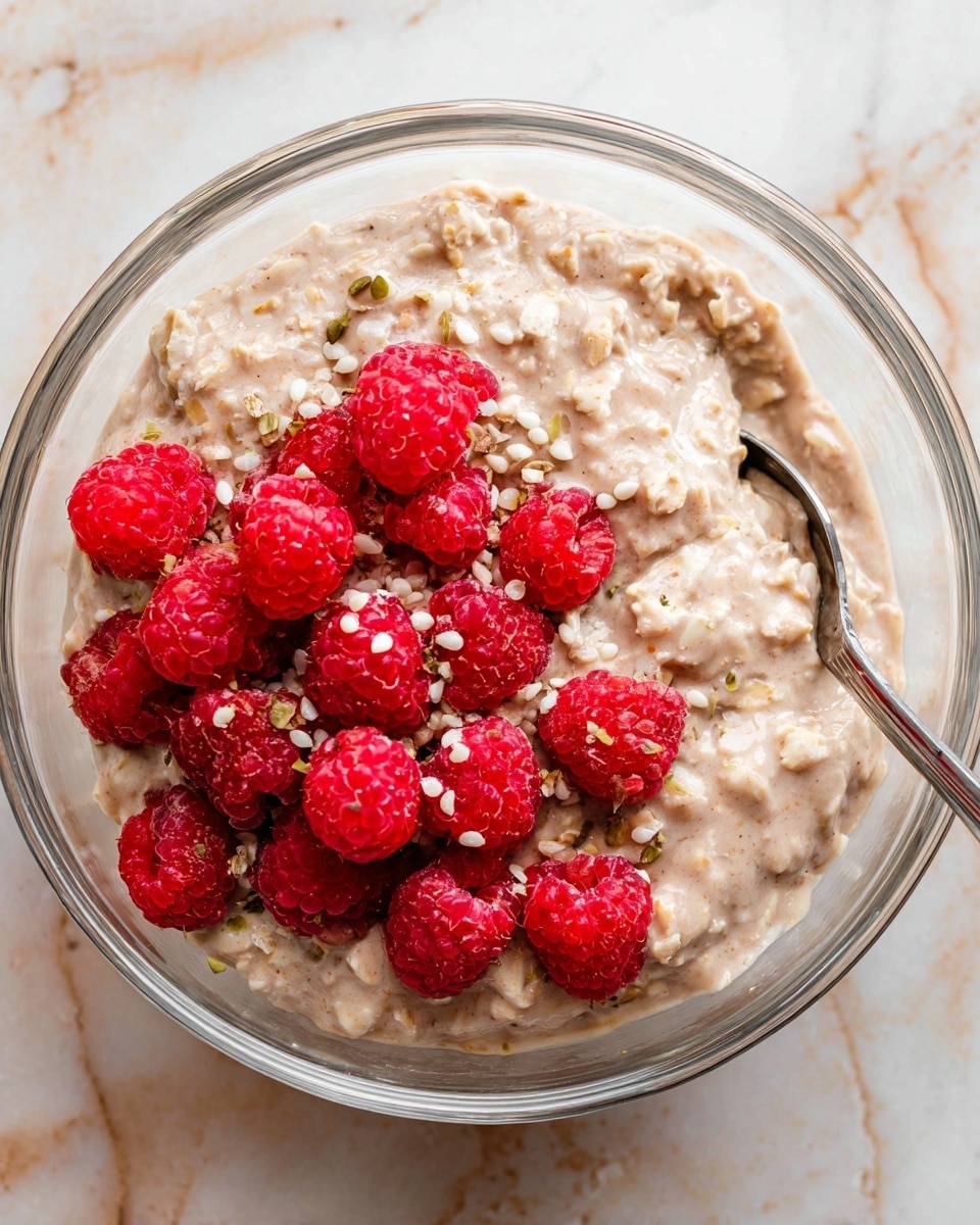 A clear glass bowl holds a creamy, thick oatmeal with a light brown color and a rough texture. On top of the oatmeal, there are bright red raspberries scattered, adding a fresh, juicy look. Small white and green seeds are sprinkled evenly over the oatmeal and raspberries. A silver spoon is partially submerged on the right side of the bowl, resting inside the oatmeal. The bowl is set on a white marbled surface. Photo taken with an iphone --ar 4:5 --v 7