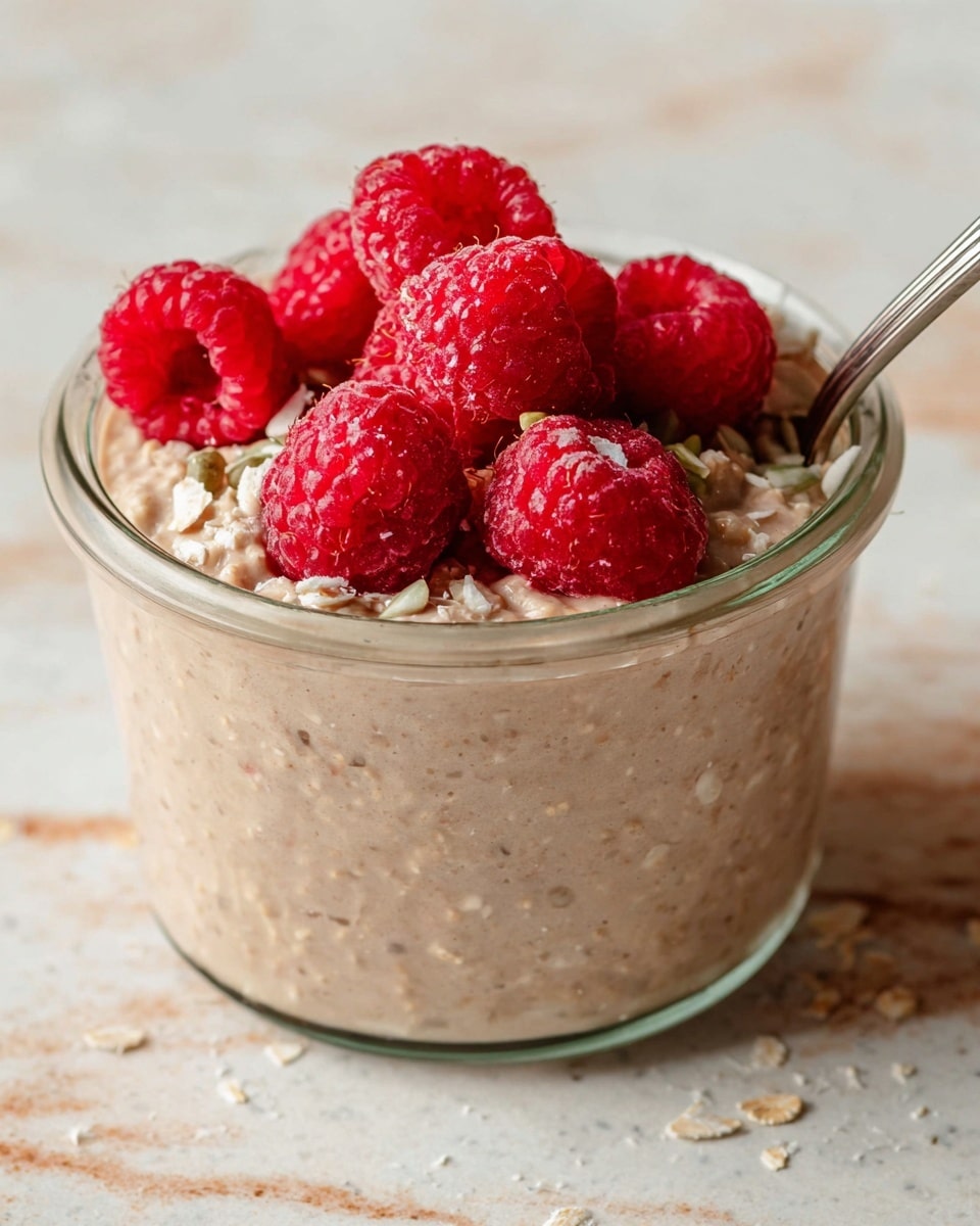 A glass jar filled with a creamy beige oatmeal layer with a thick and slightly chunky texture. On top, there are bright red raspberries arranged closely together in a small pile, adding a fresh and vibrant contrast. Small white and light green seeds are sprinkled over the raspberries and oatmeal. The jar is placed on a white marbled surface with some visible oatmeal flakes around it. A metal spoon is partially inserted into the oatmeal on the right side of the jar. Photo taken with an iphone --ar 4:5 --v 7