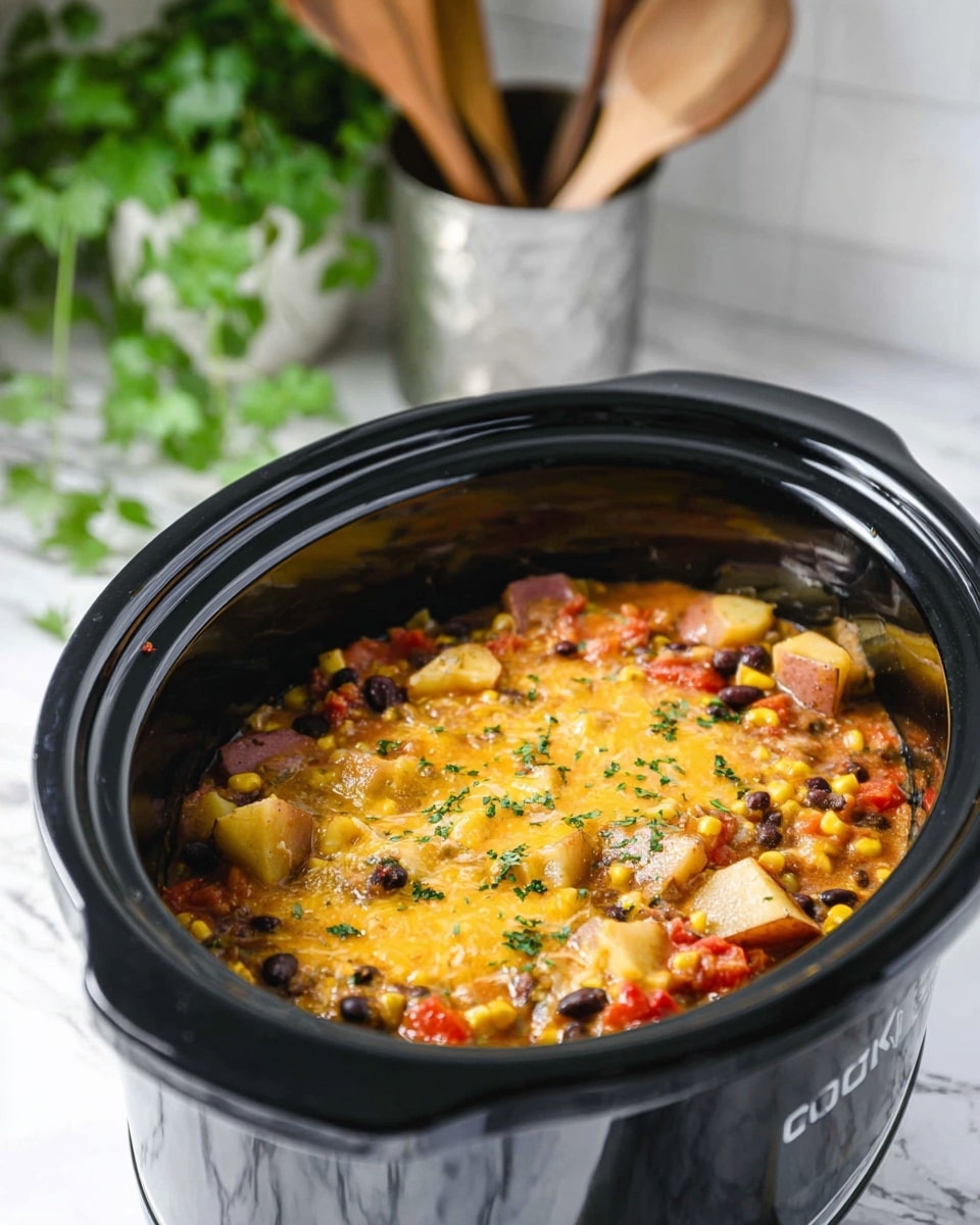 A black slow cooker filled with three layers of ingredients is placed on a white marbled surface. The bottom layer shows a few red kidney beans peeking through, covered by a middle layer of yellow corn kernels. The top layer is a generous amount of light yellow diced potatoes. In the background, a white bowl filled with a mixture of rice and beans is slightly out of focus at the top right corner. The image has a bright and clean look. photo taken with an iphone --ar 4:5 --v 7