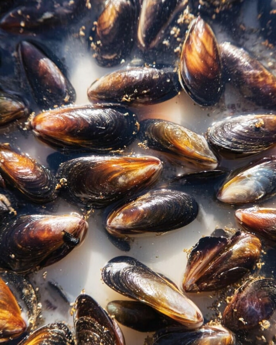 The image shows many mussels floating in clear water, with their shells shining in shades of dark brown, black, and hints of orange. The mussels are clustered together, some partially open, revealing smooth, shiny surfaces, while others are fully closed. The water has a slight reflection and looks clean, with small bubbles and bits of sand or debris floating around. The mussels cover the entire view, creating a dense pattern of overlapping shells. The background is a white marbled texture. photo taken with an iphone --ar 4:5 --v 7