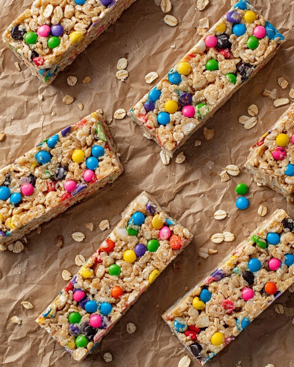 There are several rectangular granola bars laid out on a crinkled brown paper surface with scattered oat and rice cereal pieces around them. Each granola bar has a textured, light brown base made from oats and puffed grains, topped with a colorful layer of small, round candy pieces in bright colors like blue, green, yellow, pink, red, orange, black, and purple, evenly spread across the top surface. The bars look firm and tightly packed, showing different angles with some bars placed horizontally and others slightly tilted or broken at the edges. photo taken with an iphone --ar 4:5 --v 7