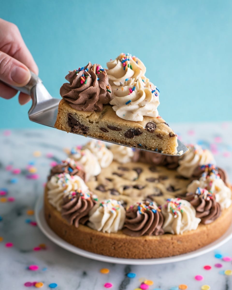 A large round chocolate chip cookie is sliced into pieces on a white plate placed on a white marbled surface. The cookie has a thick, golden brown base with visible dark chocolate chips embedded throughout. On top, there are alternating swirls of creamy chocolate and vanilla frosting around the edge, each swirl decorated with small, round, colorful confetti sprinkles. One slice is being lifted by a fork held by a woman's hand, showing the cookie's soft texture. Photo taken with an iphone --ar 4:5 --v 7