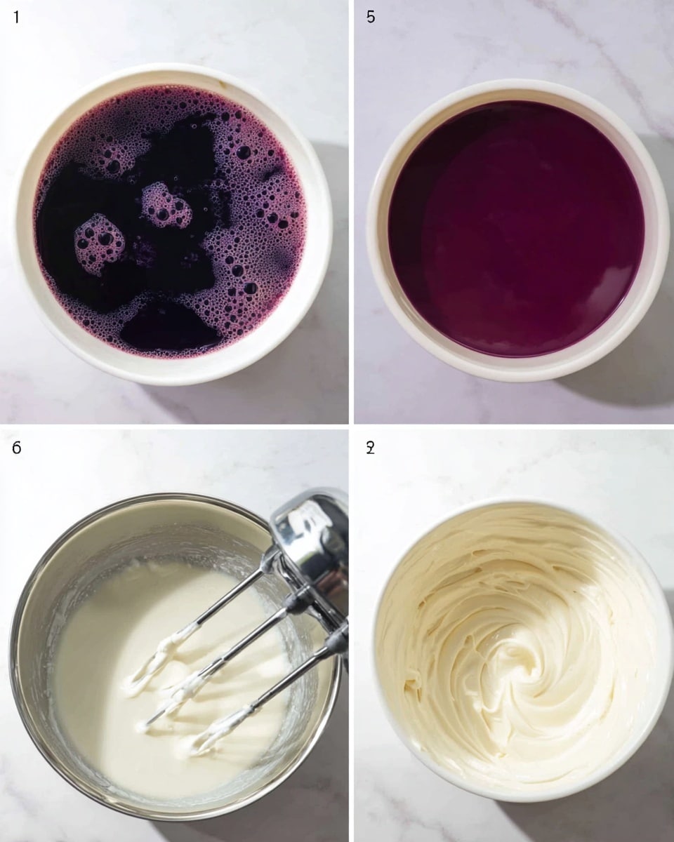 The image shows a sequence of four close-up photos of different liquids in white containers placed on a white marbled surface. The first photo shows a white container filled with dark purple liquid with tiny bubbles on the surface. The second photo shows a white bowl filled with smooth, deep purple liquid without bubbles. The third photo displays a metal bowl with frothy white liquid being mixed by a hand mixer with two beaters partially submerged. The final photo shows the metal bowl with a thick, creamy, off-white mixture, and the hand mixer's beaters swirling through it. Photo taken with an iphone --ar 4:5 --v 7