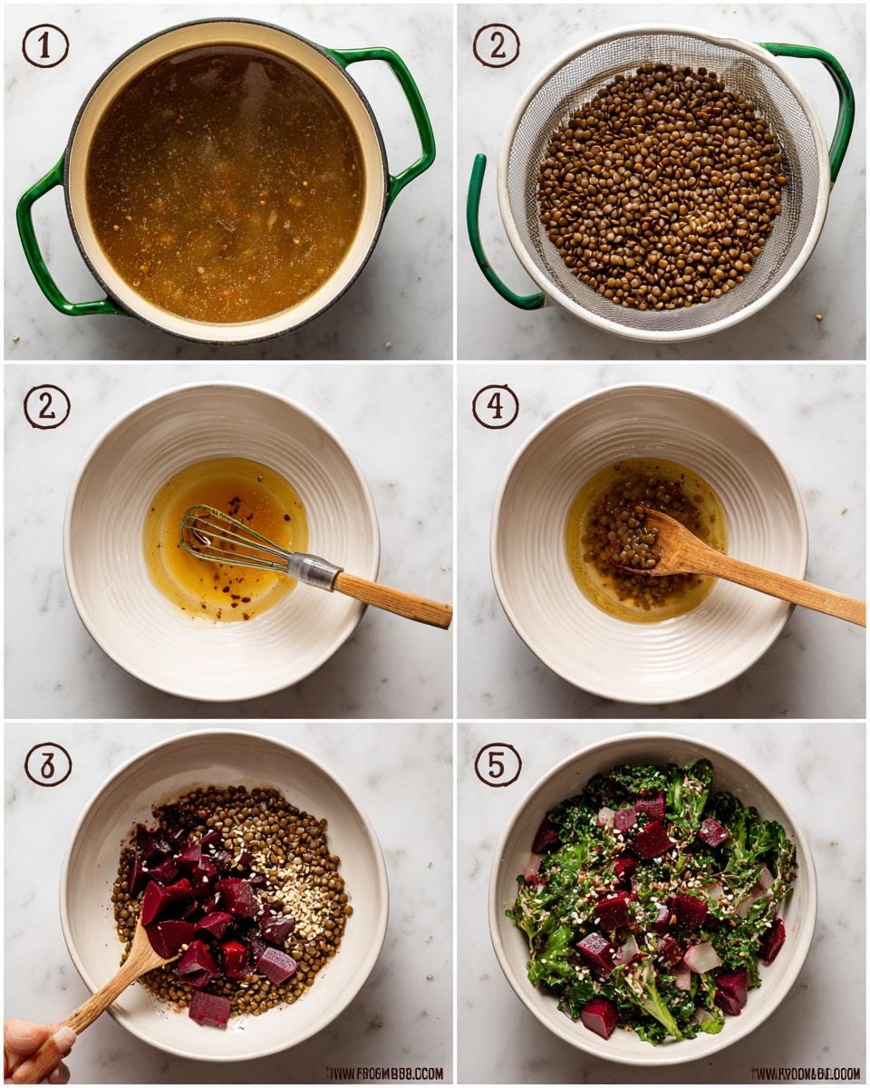 A set of six images showing the step-by-step making of a lentil salad. The first image shows a white pot with green handle filled with light brown broth and small seeds floating on top. The second image is a white strainer with green handle holding cooked brown lentils. The third image shows a white bowl with ridges, filled with golden liquid and seeds. The fourth image has a woman's hand whisking the same mixture in the bowl, creating a shiny, smooth texture with seeds suspended inside. The fifth image shows a white bowl with a layer of brown lentils topped with dark red beet chunks and sprinkled seeds. The last image presents the same bowl, now filled with a mixed salad of dark green leafy vegetables, brown lentils, and red beets, tossed with a dressing, with two wooden salad utensils resting inside. All images are set on a white marbled background. Photo taken with an iphone --ar 4:5 --v 7