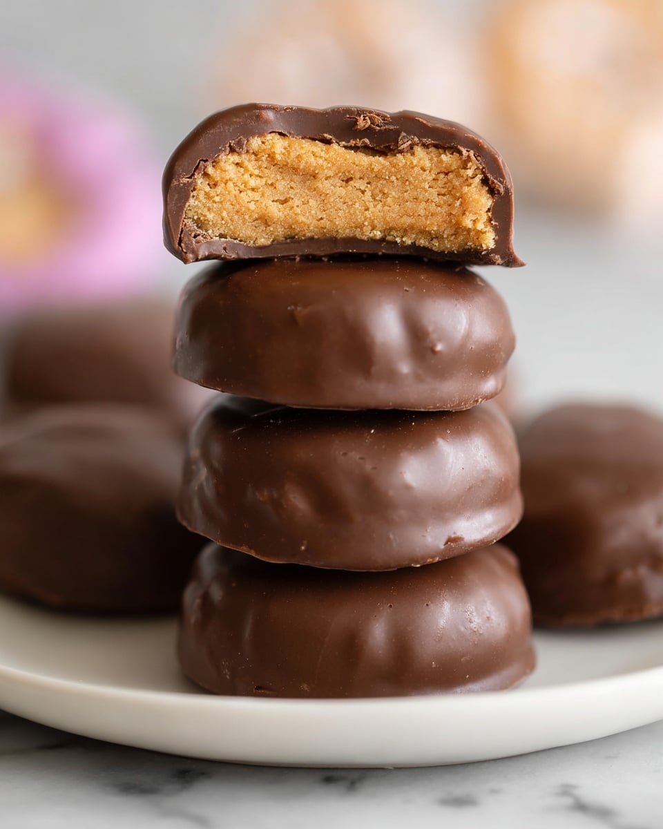 The image shows a stack of four round chocolate-covered peanut butter candies on a smooth white plate with a white marbled texture surface in the background. The candies have a thick, shiny milk chocolate outer layer that is smooth with minor natural bumps. The top candy is cut in half, revealing a soft, dense peanut butter filling inside that is light golden brown with a slightly grainy texture. The candies in the stack are perfectly rounded with slight, natural imperfections on the chocolate coating. The background is softly blurred, making the candies stand out clearly, photo taken with an iphone --ar 4:5 --v 7