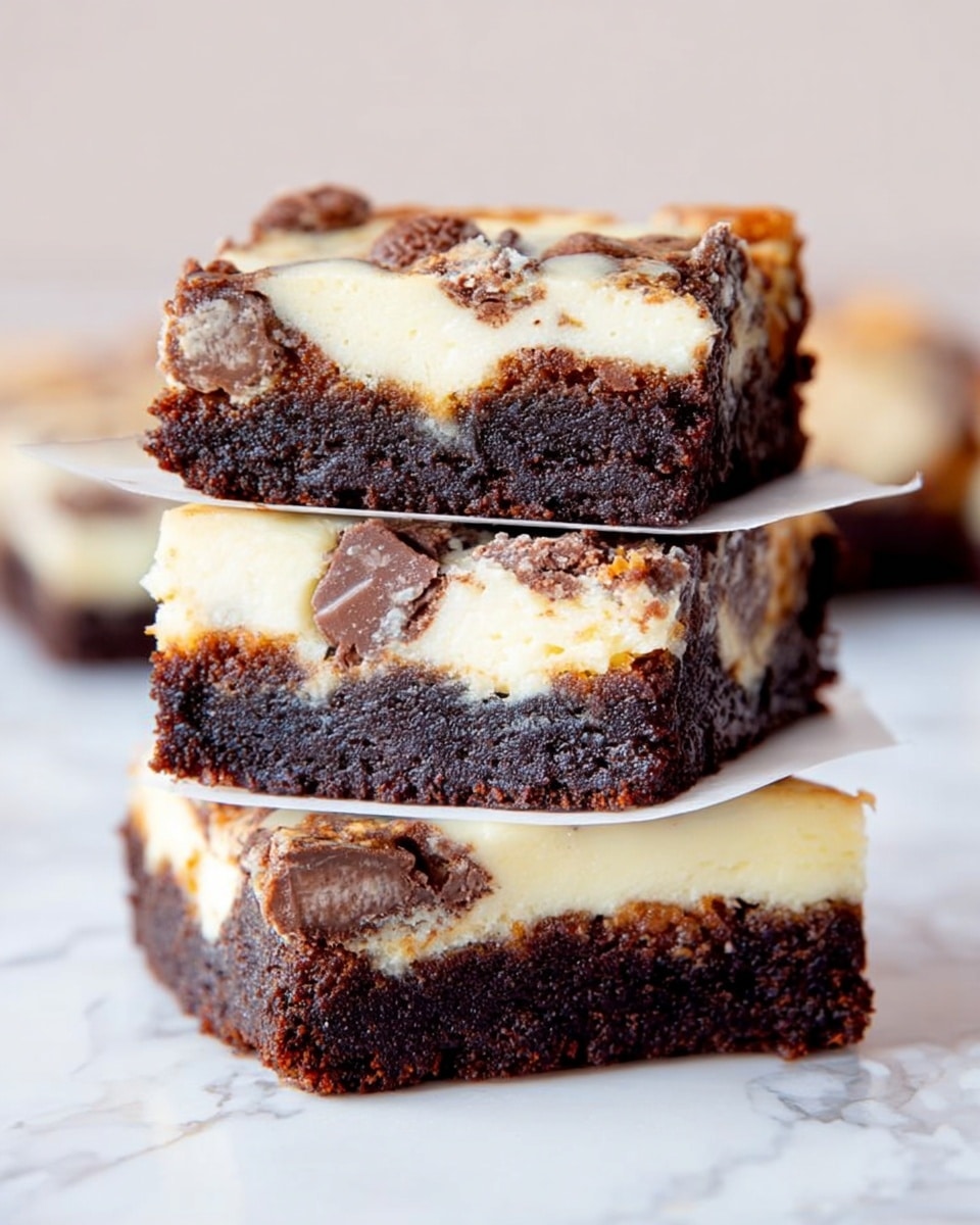 The image shows a stack of three dessert bars, each with two layers. The bottom layer is dark brown, dense, and rich with a slightly crumbly texture. The top layer is creamy white with patches of the dark brown layer mixing through, giving a marbled look. There are chunks of chocolate embedded within the dark layer, visible on the sides of the bars. Each bar is separated by a thin piece of white paper, and the stack is resting on a surface with a white marbled texture. Photo taken with an iphone --ar 4:5 --v 7