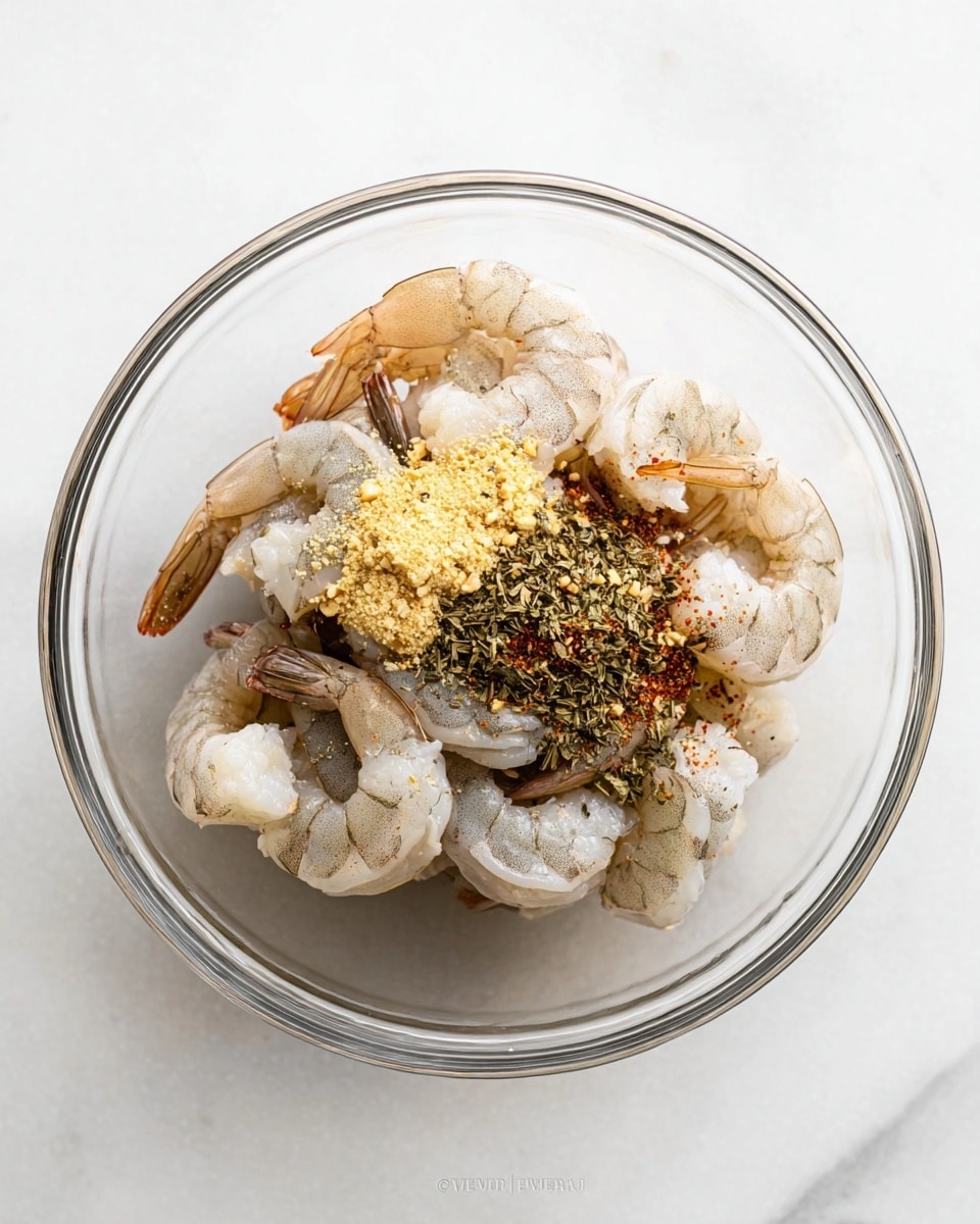 A clear glass bowl sits on a white marbled surface, filled with raw shrimp that are pale gray with light brown lines, arranged loosely in the bowl. On top of the shrimp, three piles of seasonings are visible: finely chopped light yellow garlic on the right, dark green dried herbs in the center, and reddish spice flakes at the bottom left. The shrimp have their tails on, curled in soft shapes, and the bowl shows slight reflections on its smooth surface. Photo taken with an iphone --ar 4:5 --v 7