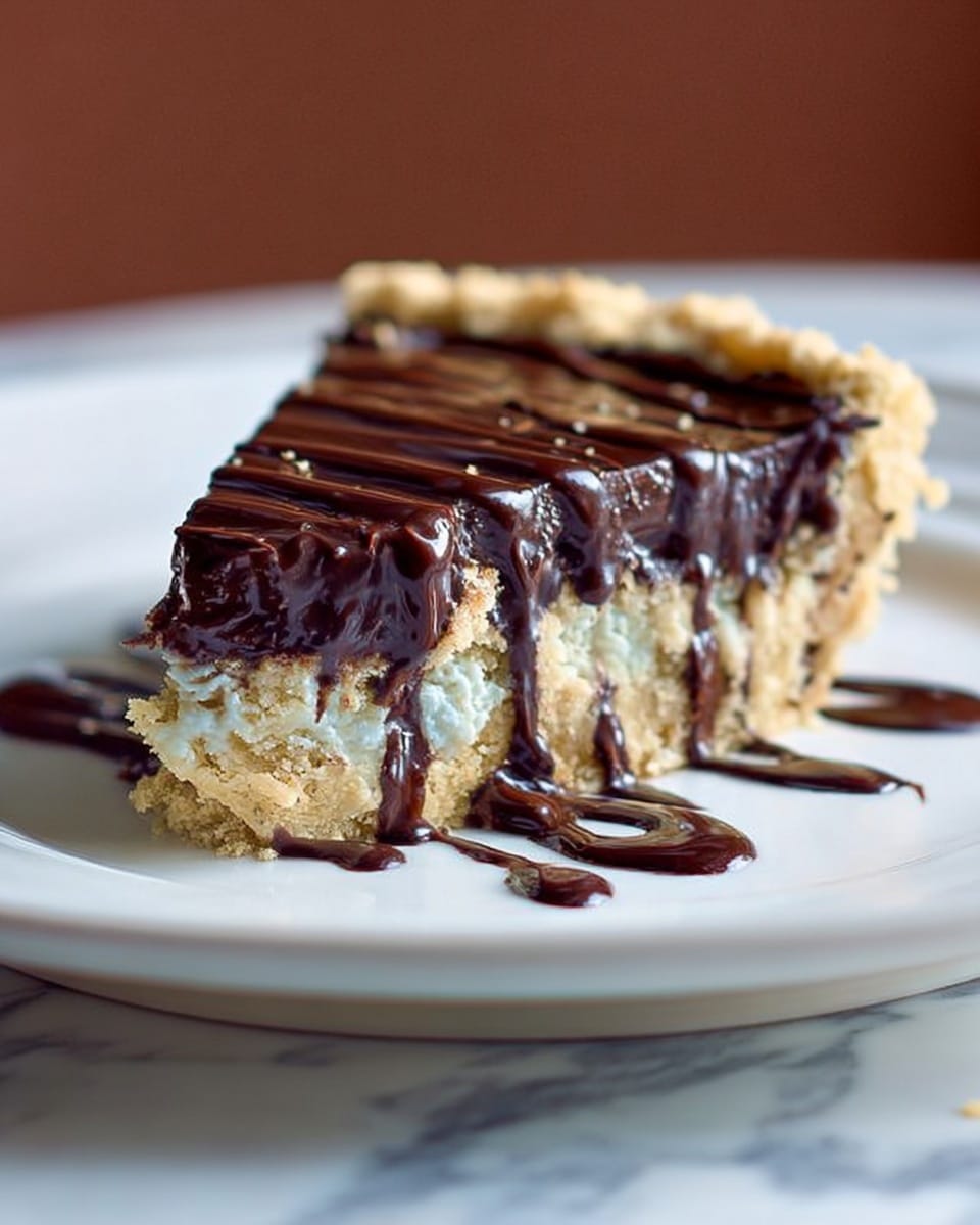 The image shows one slice of a dessert pie on a white plate, placed on a white marbled surface. The pie has three layers: a light beige crumbly crust at the bottom and edges, a thick, dark, glossy chocolate layer in the middle, and the crust continues on top around the edges. The slice is drizzled with dark chocolate sauce that runs down the sides and pools a little on the plate. The photo has a soft focus on the pie slice with a blurred brown background. Photo taken with an iphone --ar 4:5 --v 7