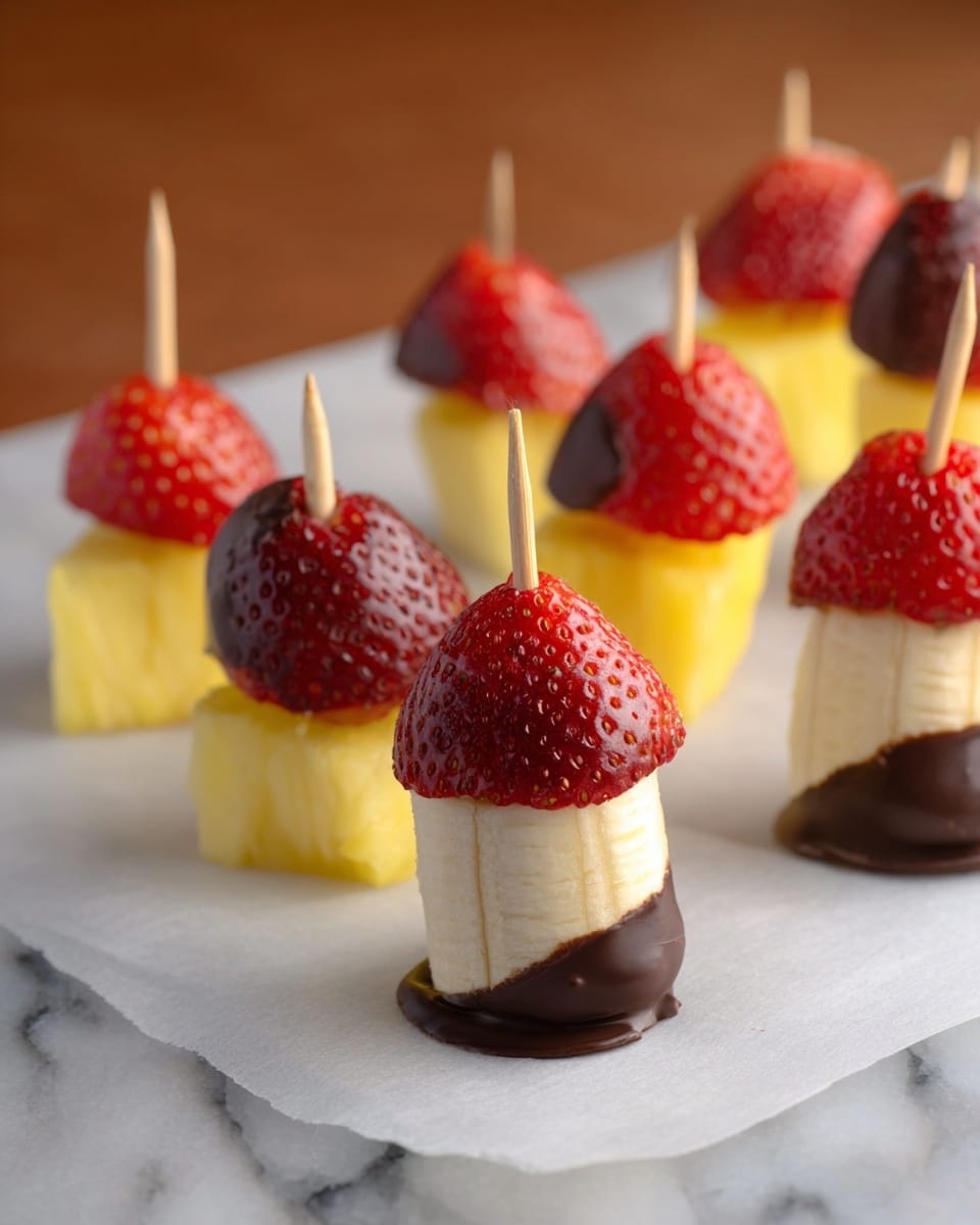 This image shows small fruit skewers arranged on a white marbled surface with parchment paper. Each skewer has three layers starting from the bottom: a piece of pineapple in bright yellow, a slice of banana in creamy white, and a strawberry half on top with a red color. The ends of the strawberries are dipped in dark brown chocolate. Each skewer is held by a small wooden stick vertically through the pieces. The whole setup is lit softly with a warm tone in the background. photo taken with an iphone --ar 4:5 --v 7