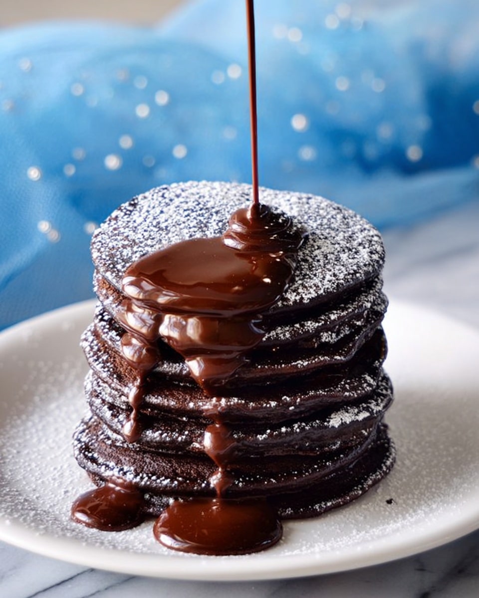 A stack of eight dark chocolate pancakes is placed on a white plate on a white marbled surface. The pancakes are thick and rich in color, with some powdered sugar lightly dusted on top and between the layers. A smooth, shiny chocolate syrup is being poured over the top, dripping down the sides and pooling around the base of the stack. The background features a soft blue cloth with white polka dots, giving a cozy and inviting feel. photo taken with an iphone --ar 4:5 --v 7