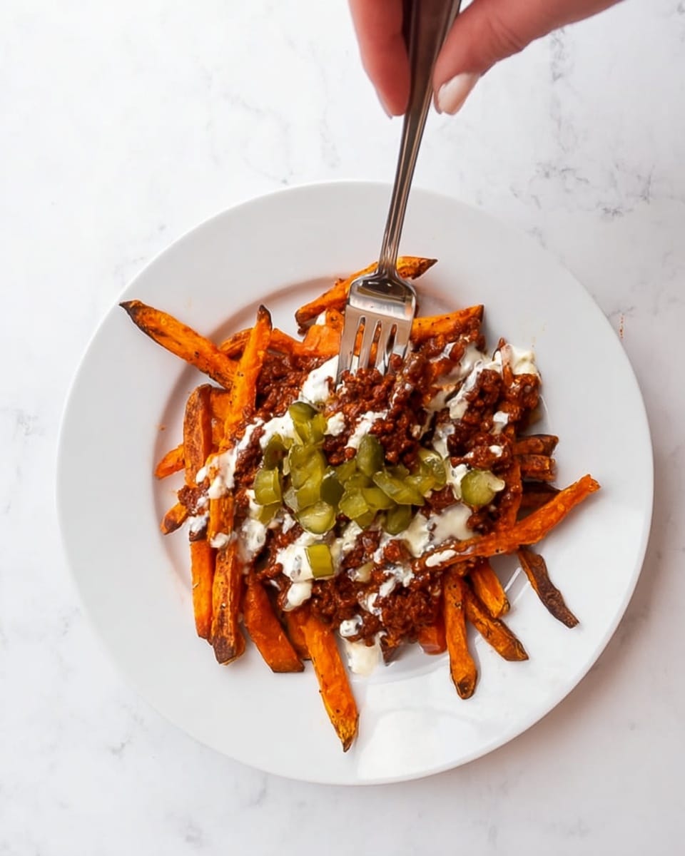This image shows a white plate on a white marbled surface, filled with a layer of crispy, orange sweet potato fries with some darker browned edges. On top of the fries is a layer of rich, dark brown chili meat sauce spread unevenly. Over the chili sauce, there is a drizzle of creamy white sauce and several small pieces of green pickles scattered on top. A woman's hand holding a silver fork is reaching from the top of the frame, picking up some fries from the plate. Photo taken with an iphone --ar 4:5 --v 7