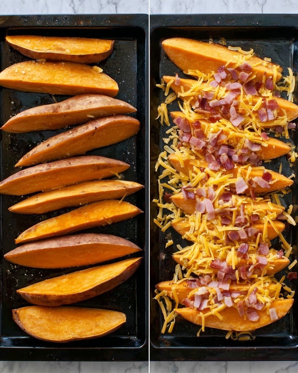 The image shows a close-up view of thick sweet potato wedges on a black baking tray placed on a white marbled surface. On the left side, the wedges are plain and raw, with their orange flesh and light brown skin visible, arranged in neat rows. On the right side, the wedges are cooked and topped with shredded yellow cheddar cheese and small pieces of cooked pink bacon, creating a textured and colorful layer on top of each wedge. The cheese pieces are spread unevenly over the wedges, some melting slightly, and the bacon bits sit scattered on top. Photo taken with an iphone --ar 4:5 --v 7