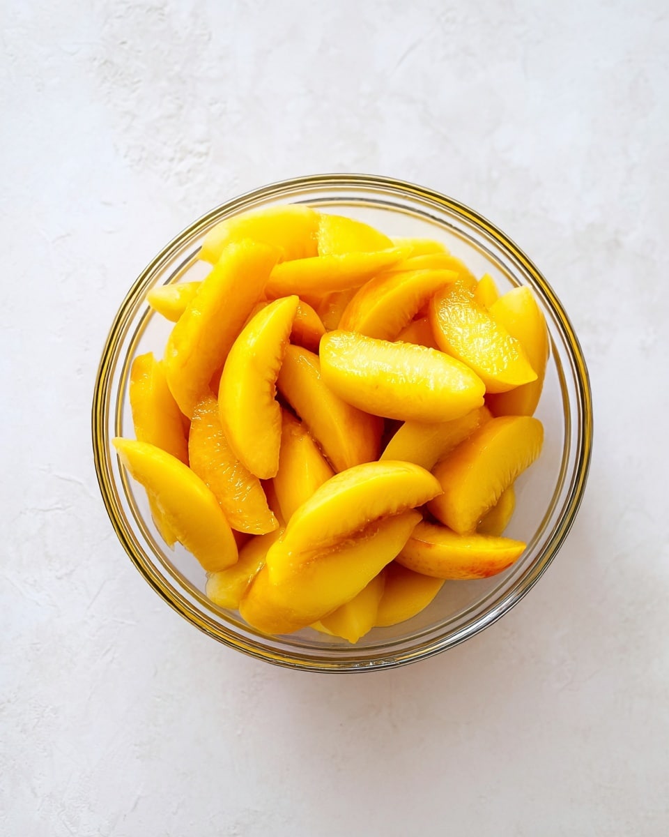 A clear glass bowl filled with bright yellow-orange peach slices piled evenly inside, showing a smooth, juicy texture with slightly glossy surfaces. The bowl is placed on a white marbled textured surface, creating a clean and fresh look. The peach slices vary in size, with some larger wedges at the top and smaller pieces beneath, all tightly arranged but not packed. Photo taken with an iphone --ar 4:5 --v 7