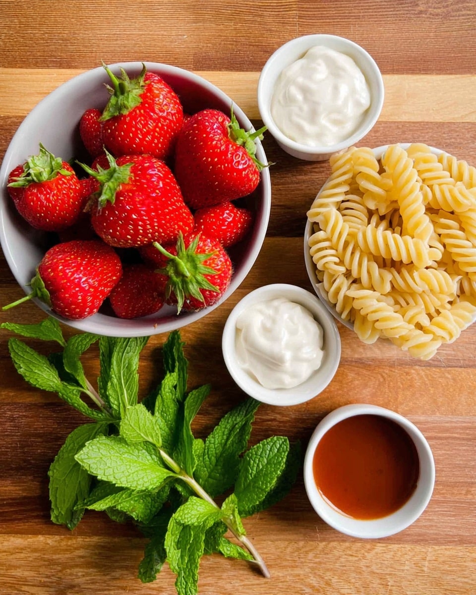 The image shows five small white bowls and some fresh green mint leaves arranged on a wooden surface. The first bowl is filled with large red strawberries with green tops. The second bowl contains light yellow spiral pasta. The third bowl holds a small amount of thick white cream or yogurt. The fourth bowl appears to have a smooth, brownish-red liquid like syrup or sauce. Fresh green mint sprigs with bright leaves are placed next to the bowls. The scene is bright and colorful, showing fresh ingredients ready for cooking photo taken with an iphone --ar 4:5 --v 7
