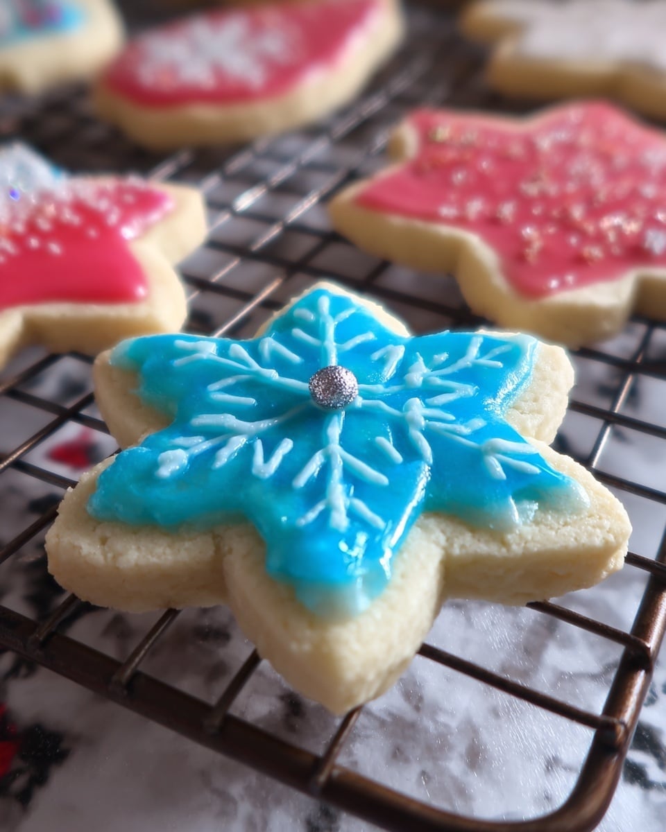 The image shows a star-shaped cookie with two layers: the base layer is pale beige with a soft, crumbly texture, and the top layer is bright blue icing shaped like a snowflake with raised, clear white lines creating the snowflake design; in the center of the snowflake is a small silver ball decoration. The cookie rests on a dark cooling rack with a white marbled surface below it, and blurred cookies with pink and red icing can be seen in the background. photo taken with an iphone --ar 4:5 --v 7