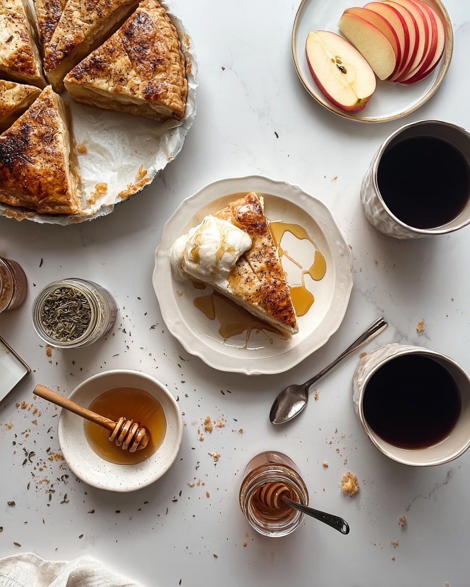 A white plate holds a round pie with a golden brown, slightly crispy top, cut into four triangle slices, one slice served on a small off-white scalloped plate. The slice rests on a scoop of smooth white cream, drizzled with amber honey, showing soft, fluffy texture under a caramelized brown crust. Around the plates, a small white bowl with honey and a honey dipper, a small jar with brown dried herbs and a black teaspoon, two cups of dark black coffee—one with a silver spoon—and a white plate with thin red apple slices arranged neatly create a clean, cozy breakfast scene on a white marbled surface, with some crumbs scattered for a natural touch. photo taken with an iphone --ar 4:5 --v 7