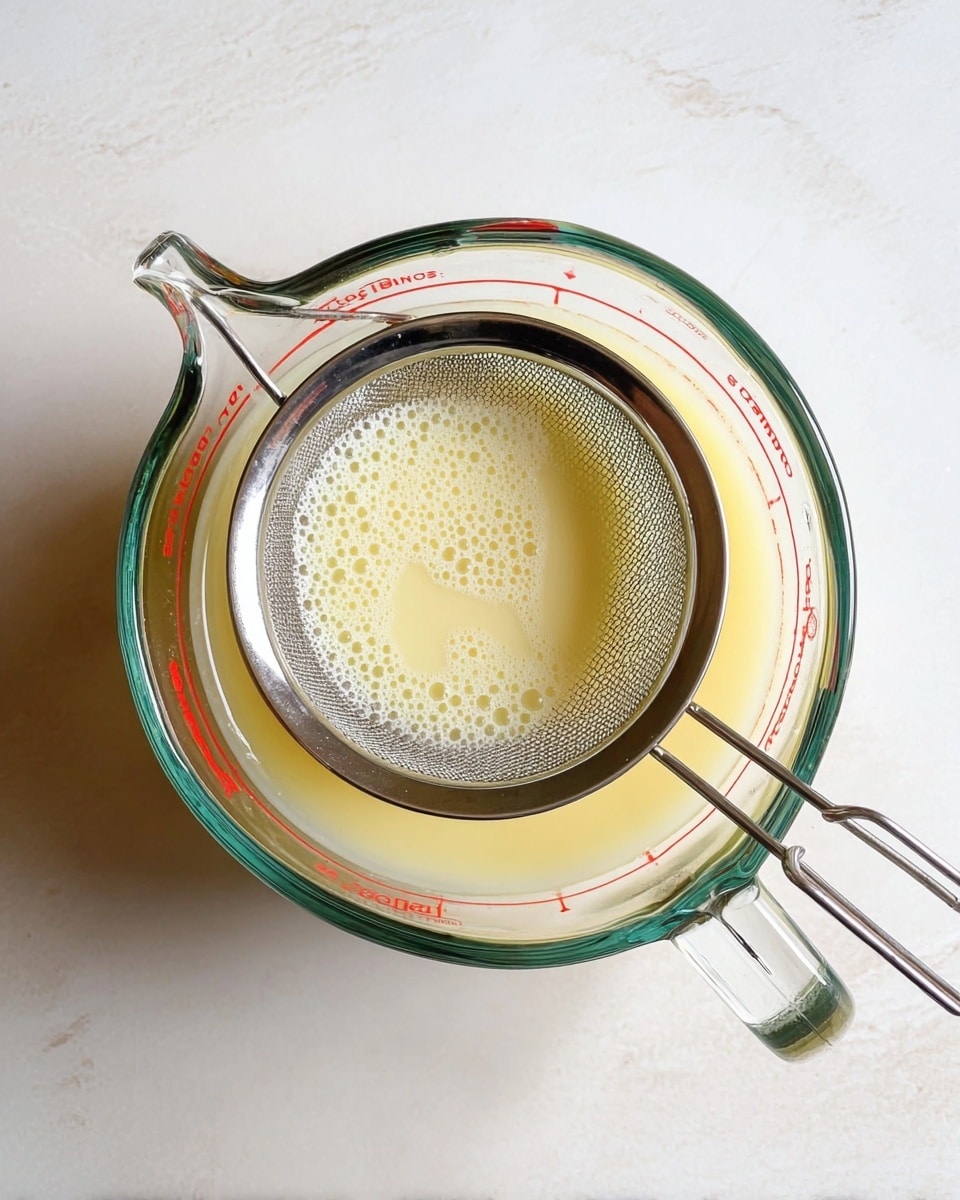 A glass measuring cup filled with a smooth, pale yellow liquid sits on a white marbled surface. A fine metal strainer with a shiny silver rim and mesh rests on top of the cup, holding some of the light yellow liquid with small bubbles on its surface. The measuring cup has red markings on its side, showing volume measurements. photo taken with an iphone --ar 4:5 --v 7