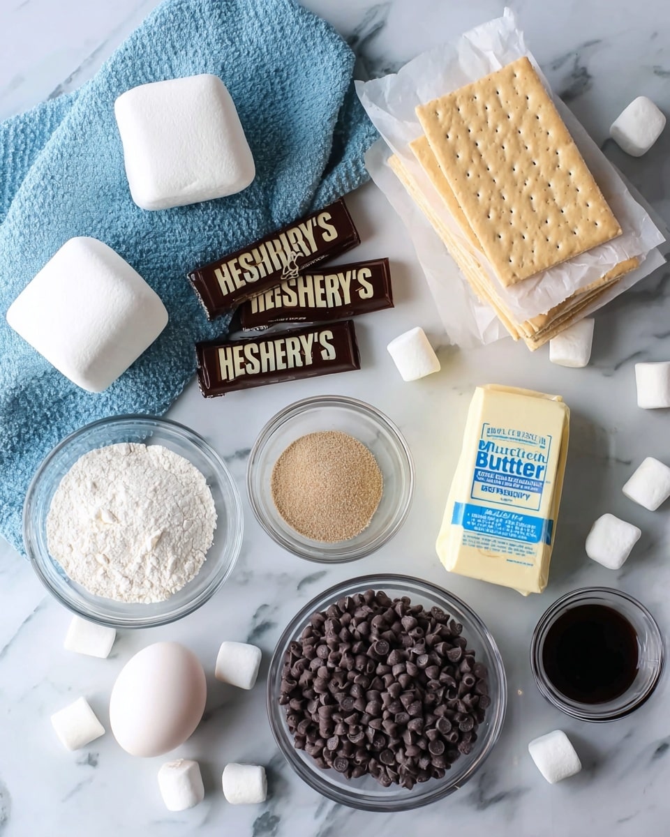 A flat lay of baking ingredients arranged neatly on a white marbled surface. On the upper left is a blue cloth with two large white marshmallows on it next to two Hershey's milk chocolate bars in dark brown wrappers. To the right, there is a stack of rectangular light beige crackers still partially wrapped in white paper, and next to it is a block of salted butter in a light yellow wrapper with blue text. Smaller clear glass bowls hold white flour, brown sugar, and fine white powder. In the lower center is a larger clear bowl filled with dark brown chocolate chips. At the bottom left, a white egg rests on the blue cloth, and to the right of the chocolate chips is a small clear bowl with dark vanilla extract. Scattered large white marshmallows frame the image's edges. Photo taken with an iphone --ar 4:5 --v 7