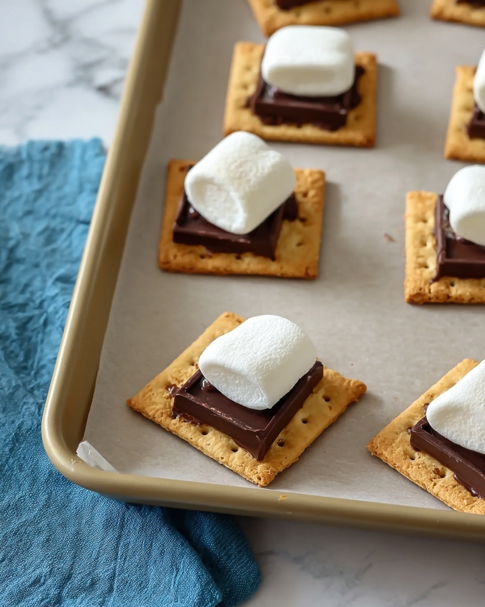 The image shows square golden-brown crackers lined up on a pale baking tray with parchment paper. Each cracker has a small piece of dark brown chocolate on top, with a large white, soft marshmallow placed over the chocolate. The scene is set on a white marbled surface with a blue cloth partially visible on the side. photo taken with an iphone --ar 4:5 --v 7