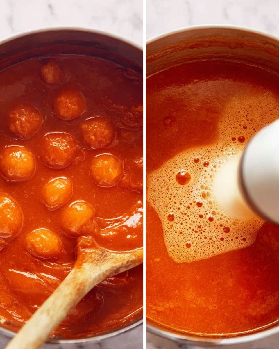 The image shows two close-up views of a large metal pot filled with a thick tomato soup. On the left side, a wooden spoon stirs chunky ball-shaped pieces submerged in bright red-orange liquid. On the right side, a white immersion blender is blending the soup, creating a smooth texture with a frothy surface around the blending tip. The background is a white marbled texture. photo taken with an iphone --ar 4:5 --v 7
